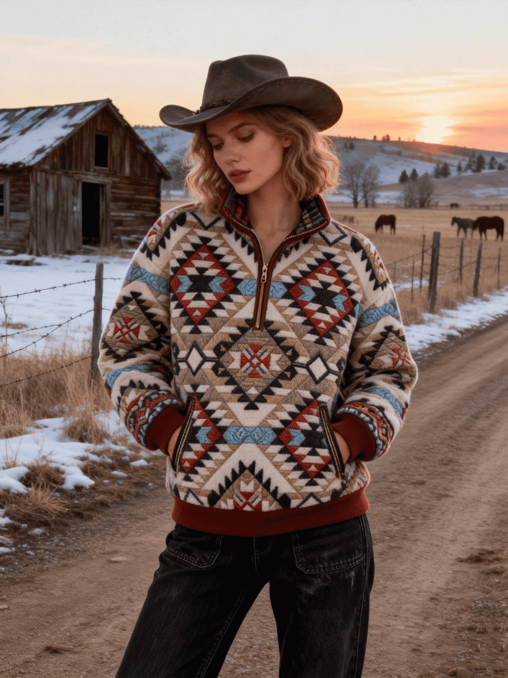 Women's Western Ethnic Geometric Diamond Totem Half-Zip Sweater