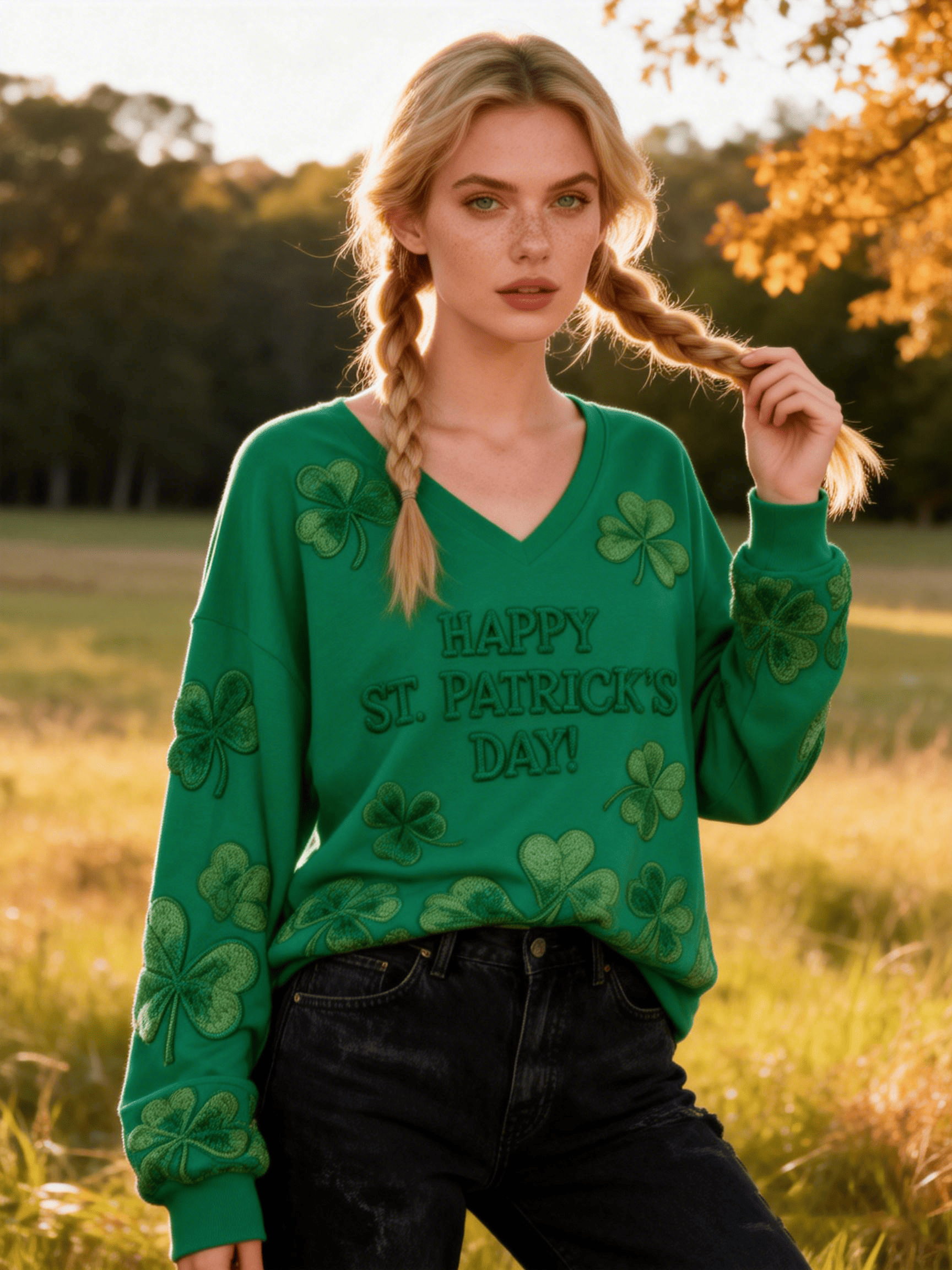 Women's St. Patrick's All-Green Clover Embroidered V-Neck Sweatshirt