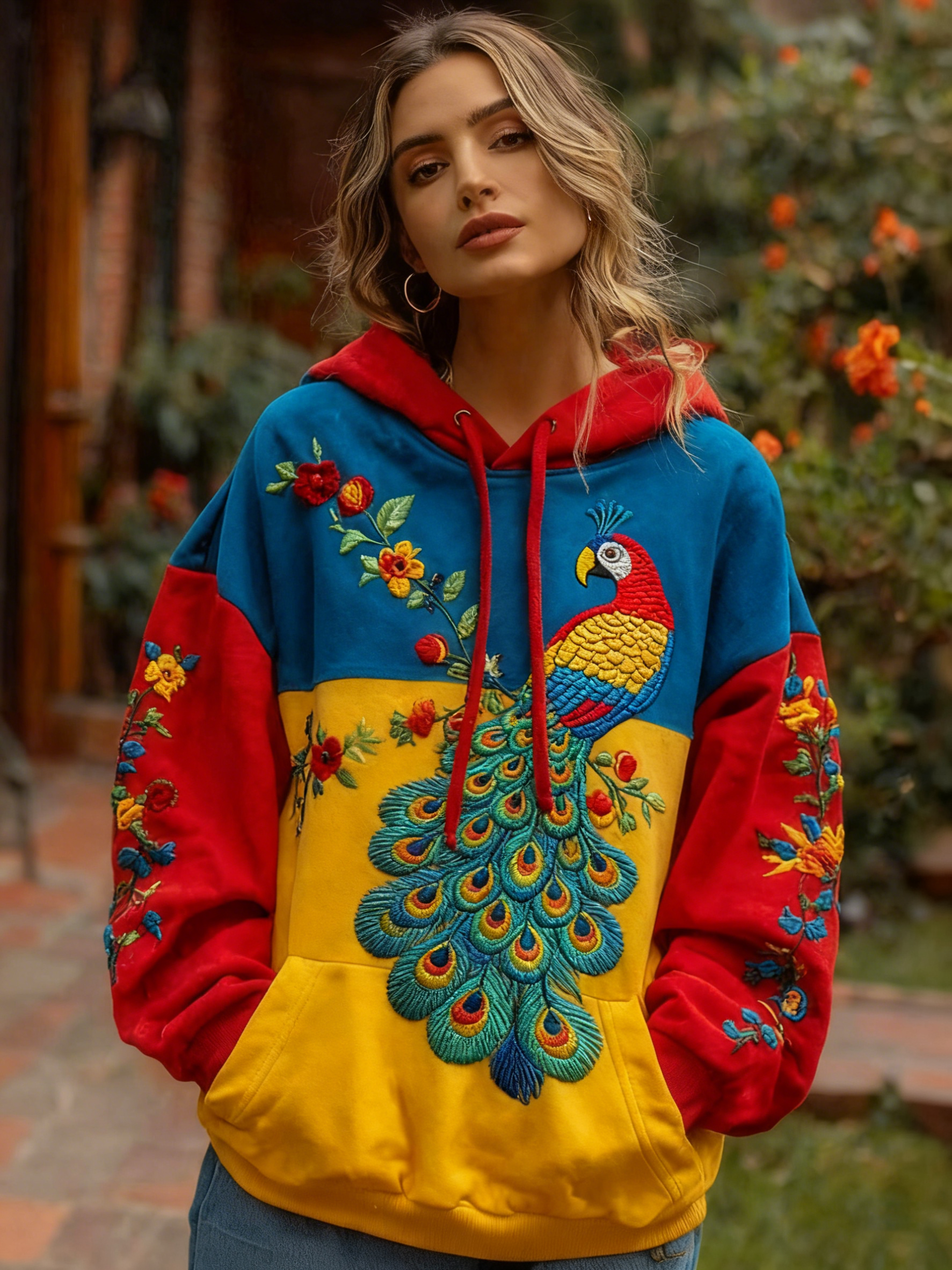 Women's Retro Venezuelan Parrot And Floral Pattern Casual Hoodie