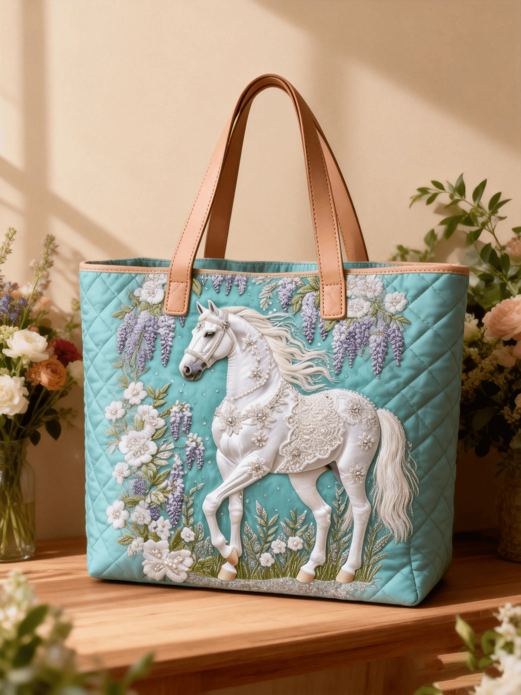 White Horse & Wisteria Embroidered Canvas Tote