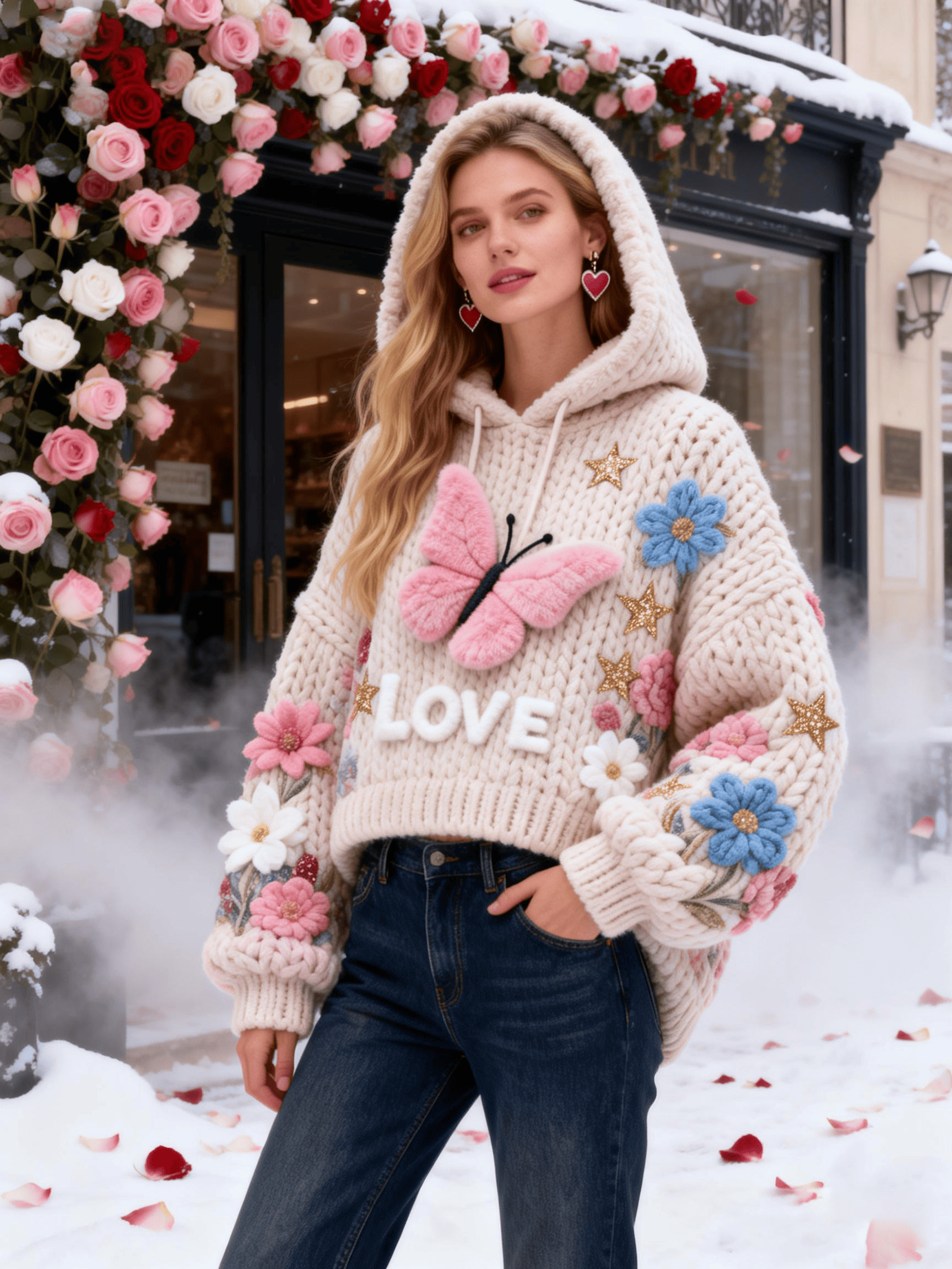 Women's Beige Butterfly Flower "Love" Decor Cropped Hoodie