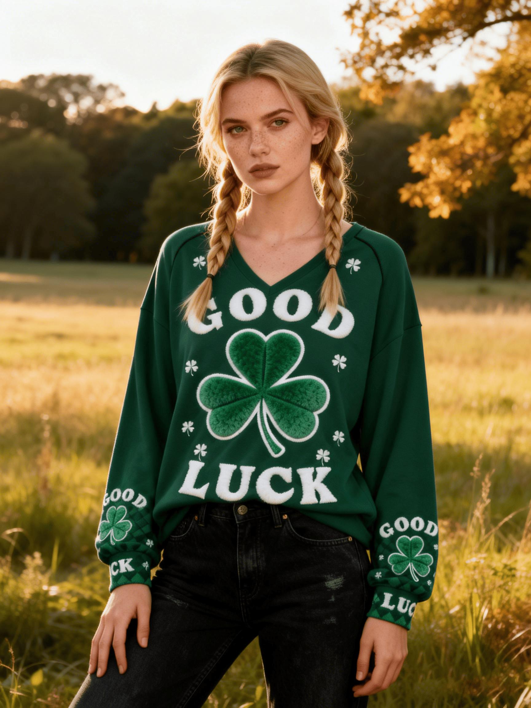 Women's St. Patrick's Dark Green V-Neck Sweatshirt Big Clover  Good Luck