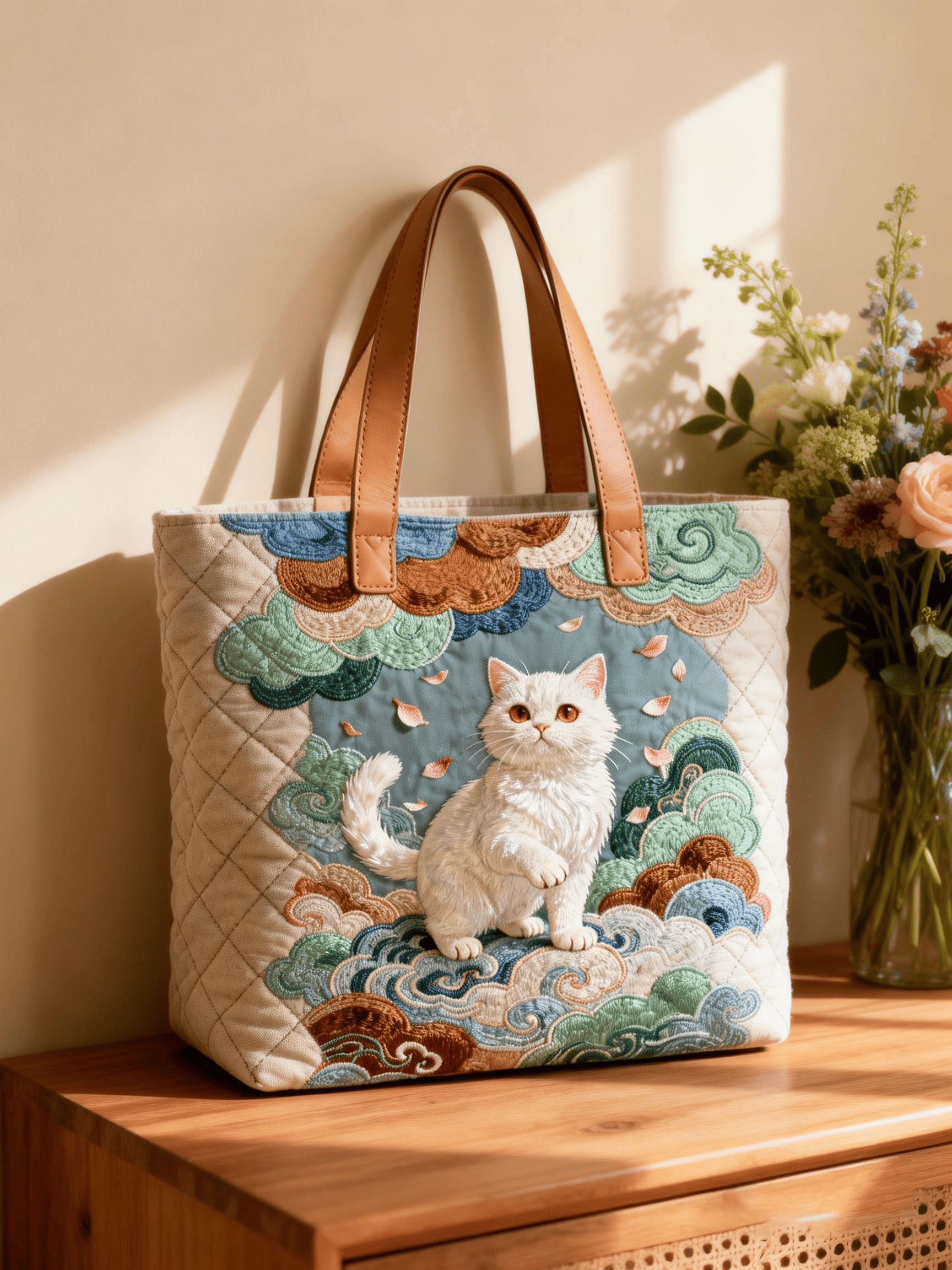 Auspicious Cloud White Cat Embroidered Canvas Tote