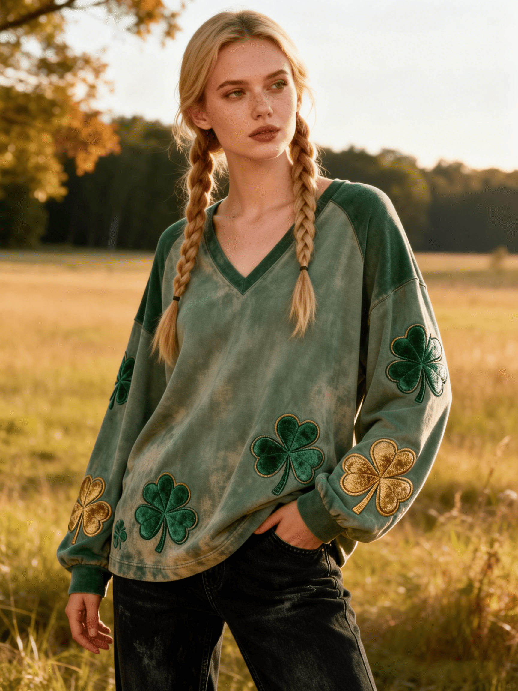 Women's St. Patrick's Tie-Dye Green V-Neck Sweatshirt Gold-Green Clover