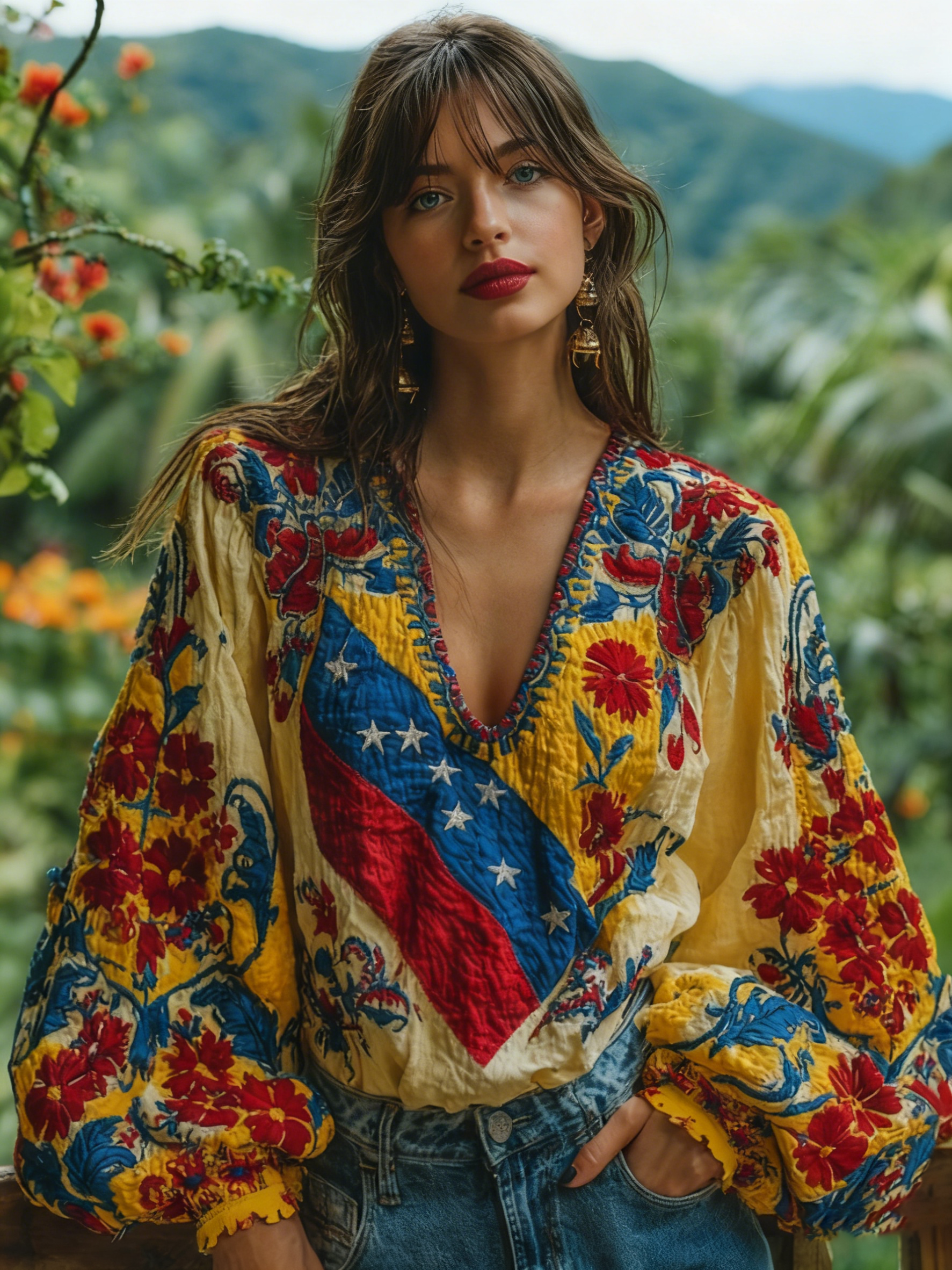 Women's Venezuela Flag Floral Art V-neck Long Sleeve Tunic