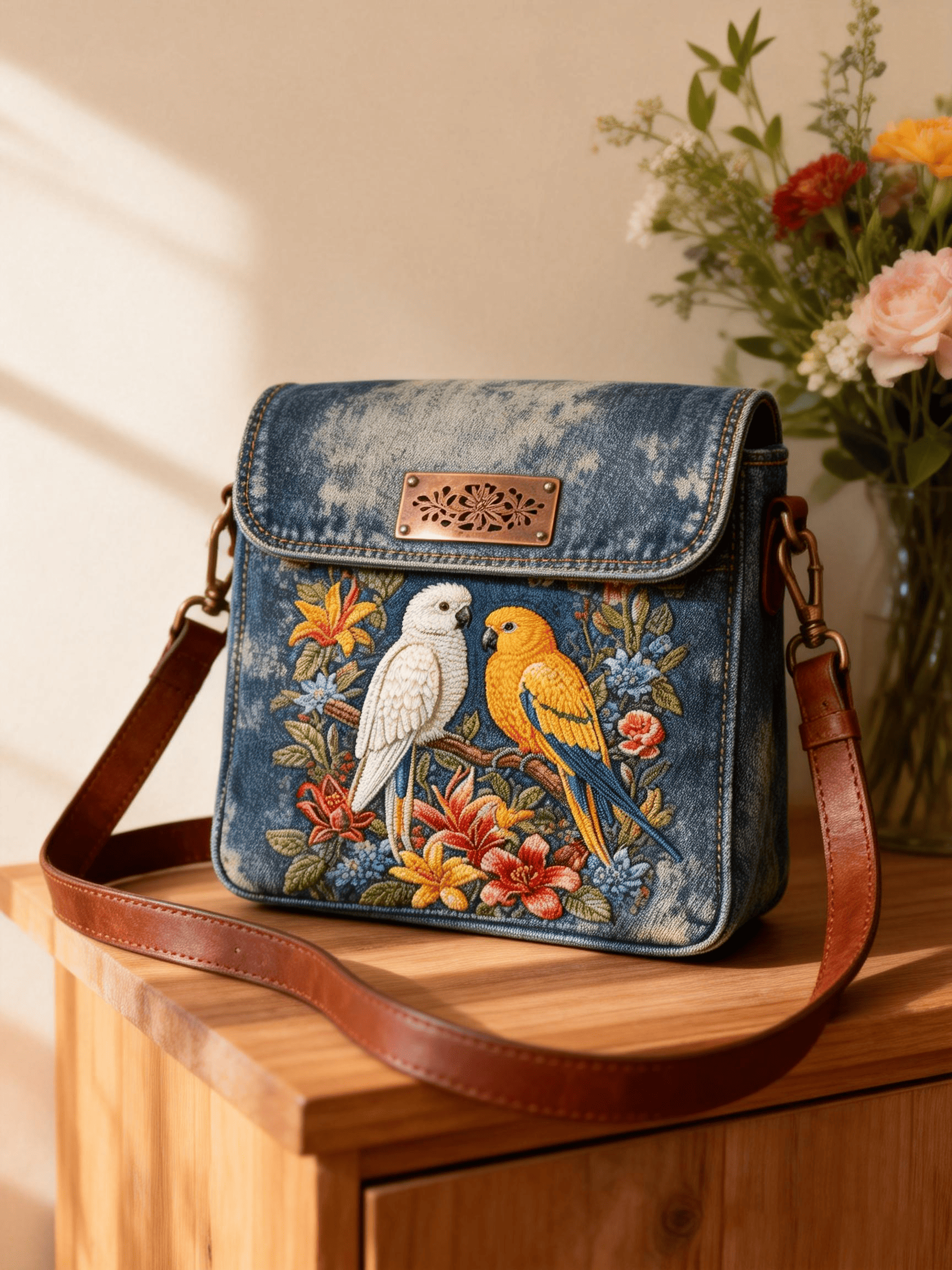 Denim Twin Parrots Floral Embroidered Crossbody Bag