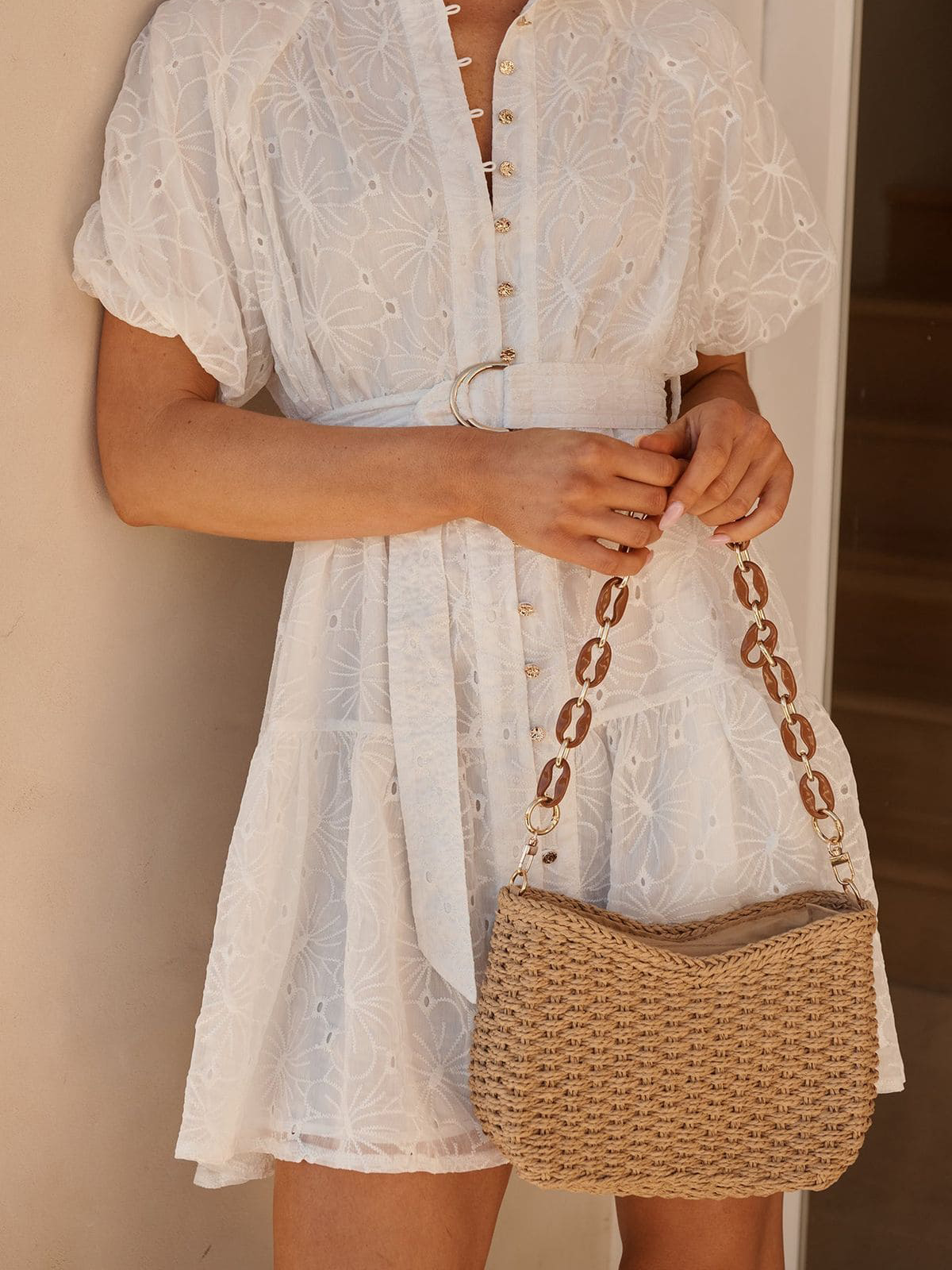 Straw Woven Crossbody Bag with Acrylic Chain Strap