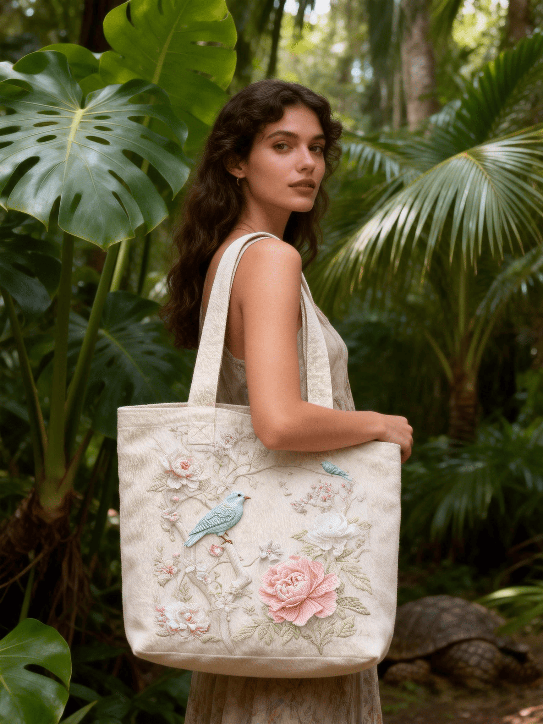 Beige Canvas Blue Bird Peony Embroidery Tote Bag