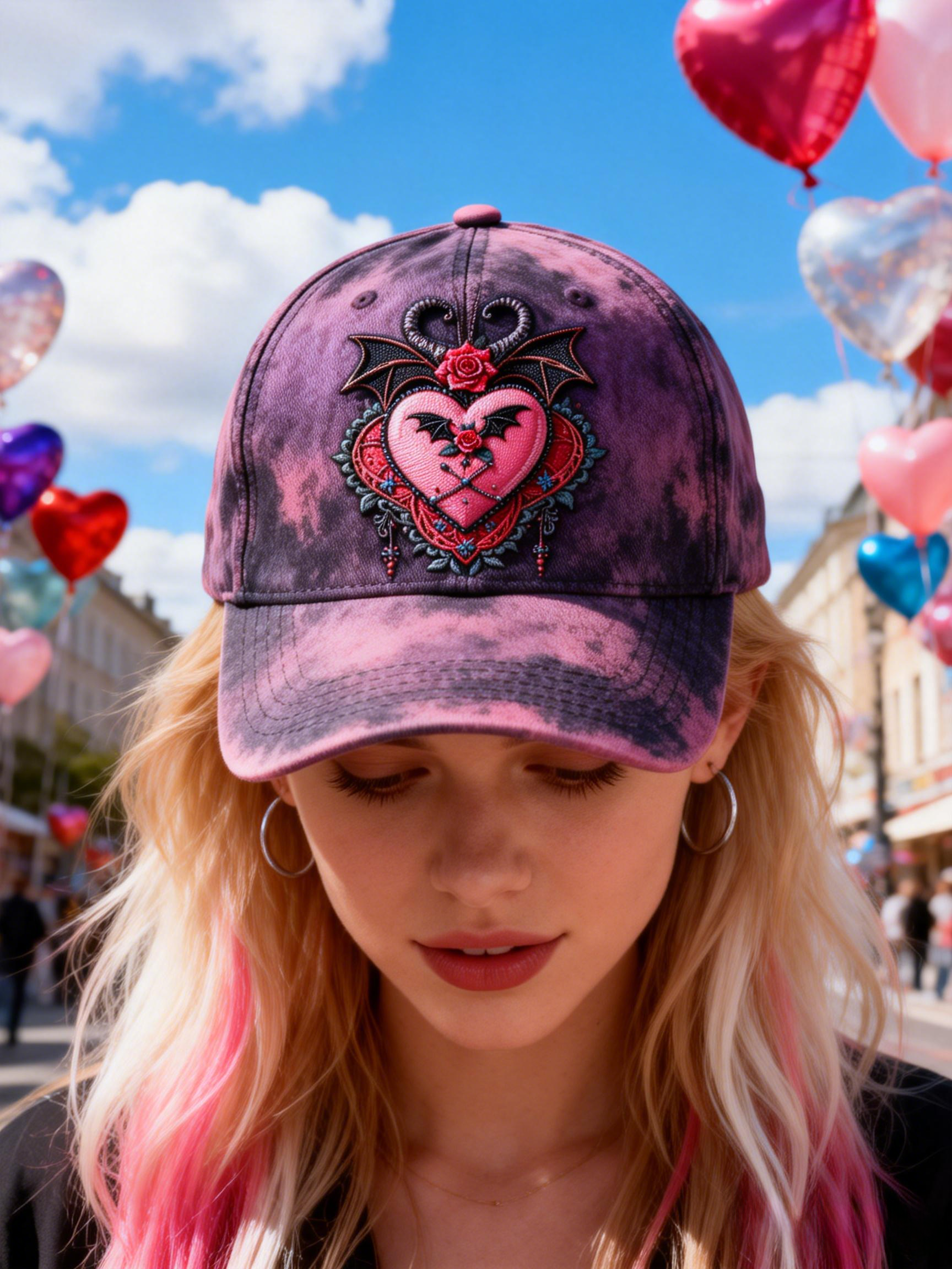 Purple Tie-Dye Demon Wing Heart Rose Baseball Cap
