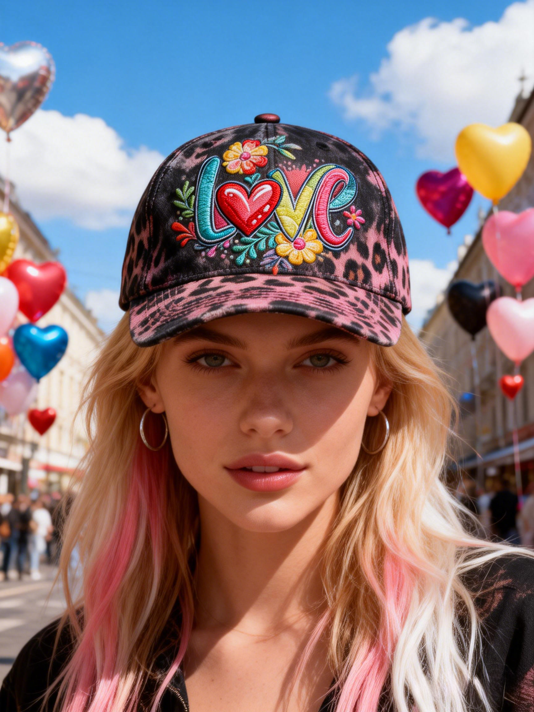 Pink Leopard Colorful Embroidery LOVE Heart Baseball Cap