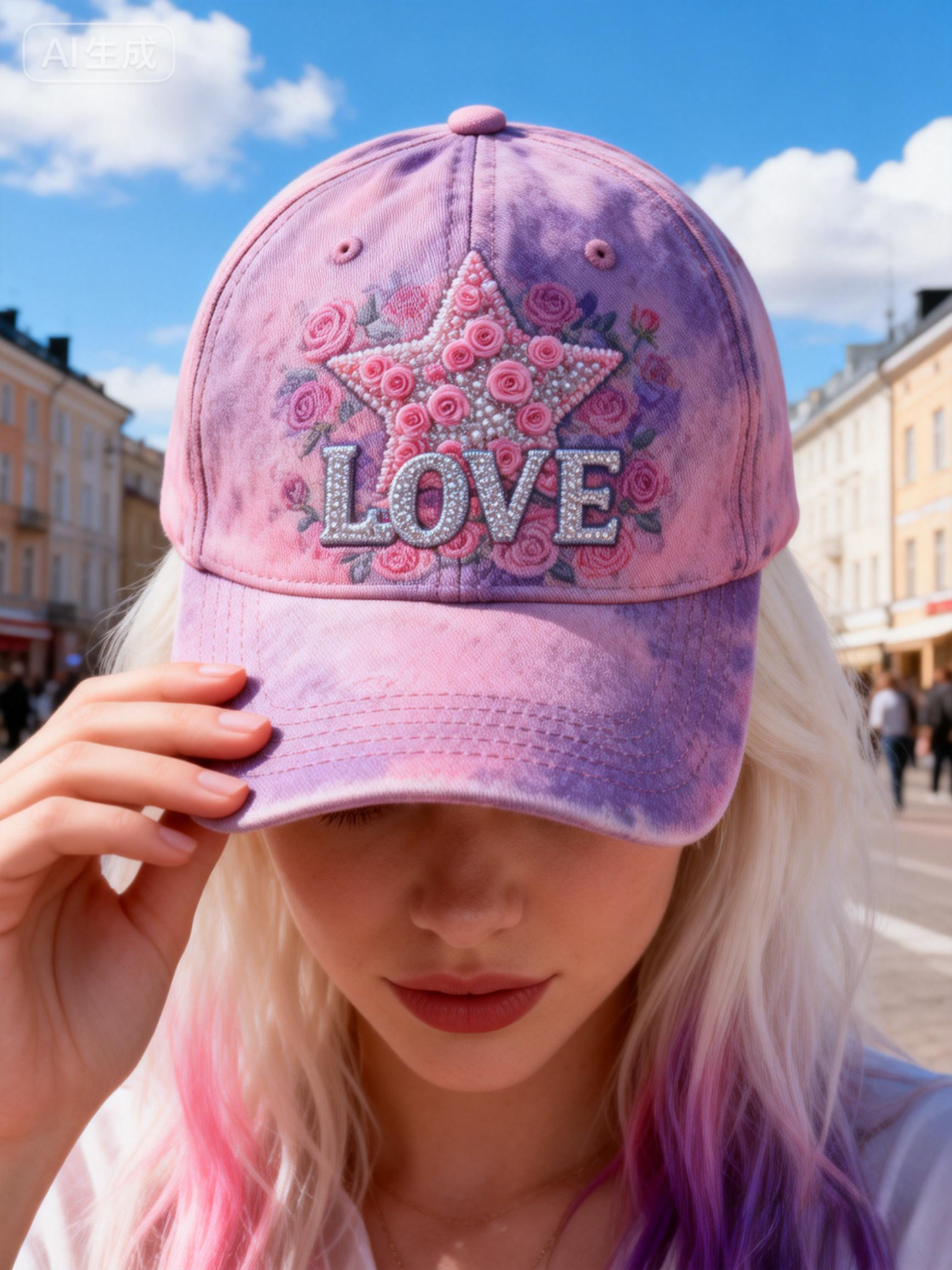 Pink-Purple Tie-Dye Rose Star Rhinestone LOVE Baseball Cap