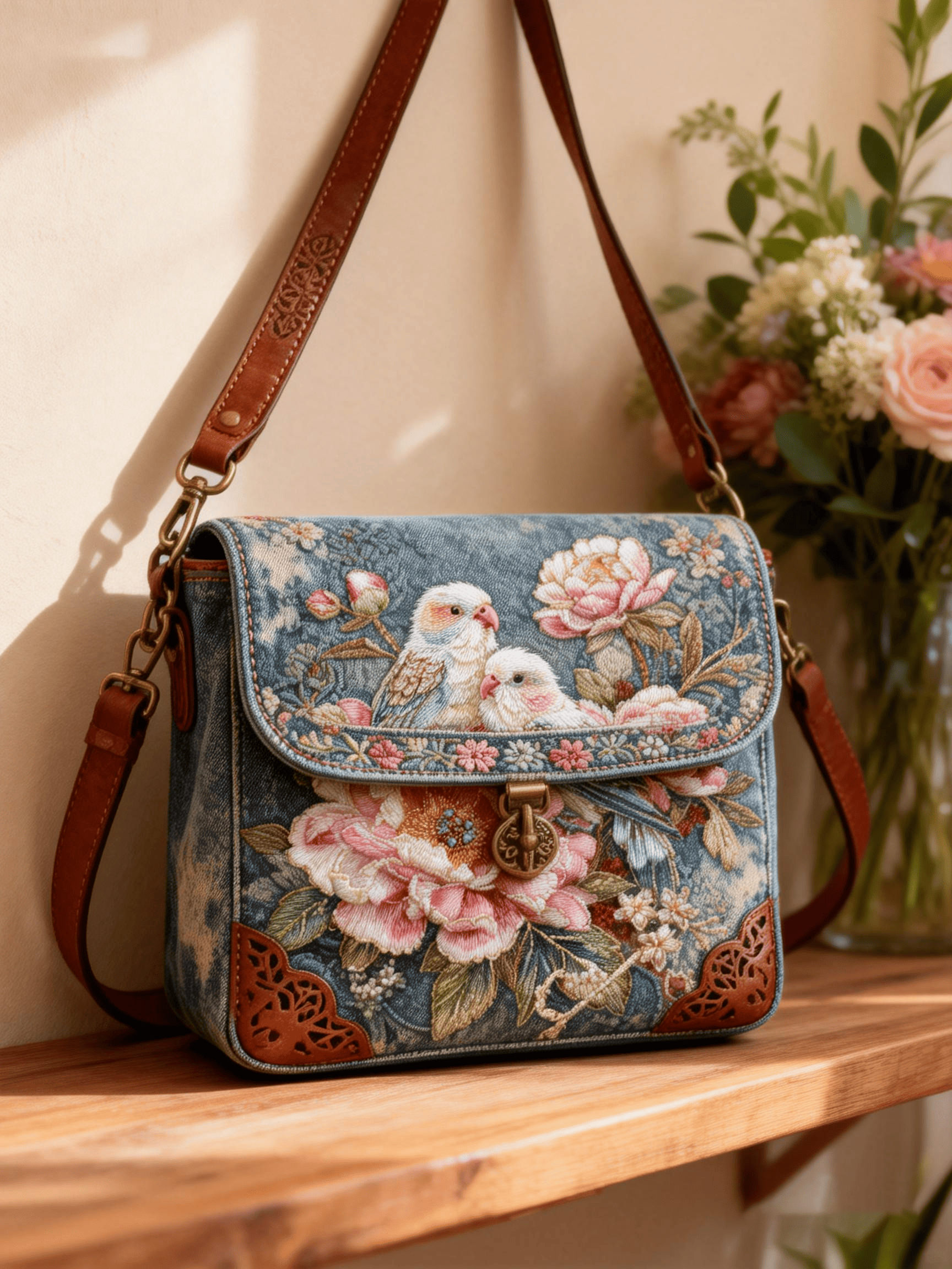 Denim Peony & Parrot Embroidered Crossbody Bag
