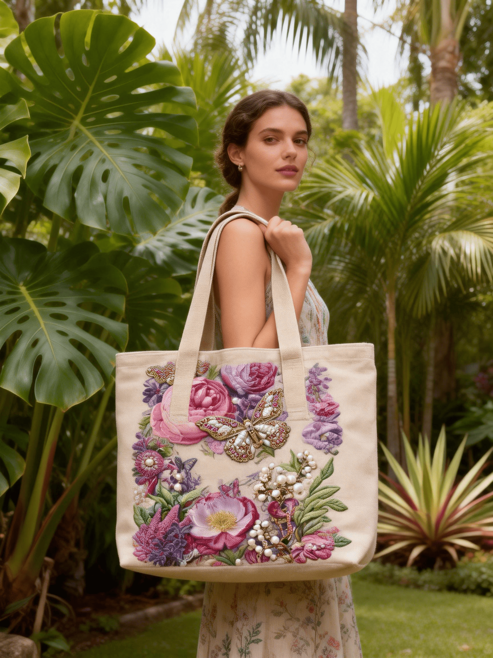 Beige Canvas Purple Pink Floral Butterfly Beaded Embroidery Tote Bag