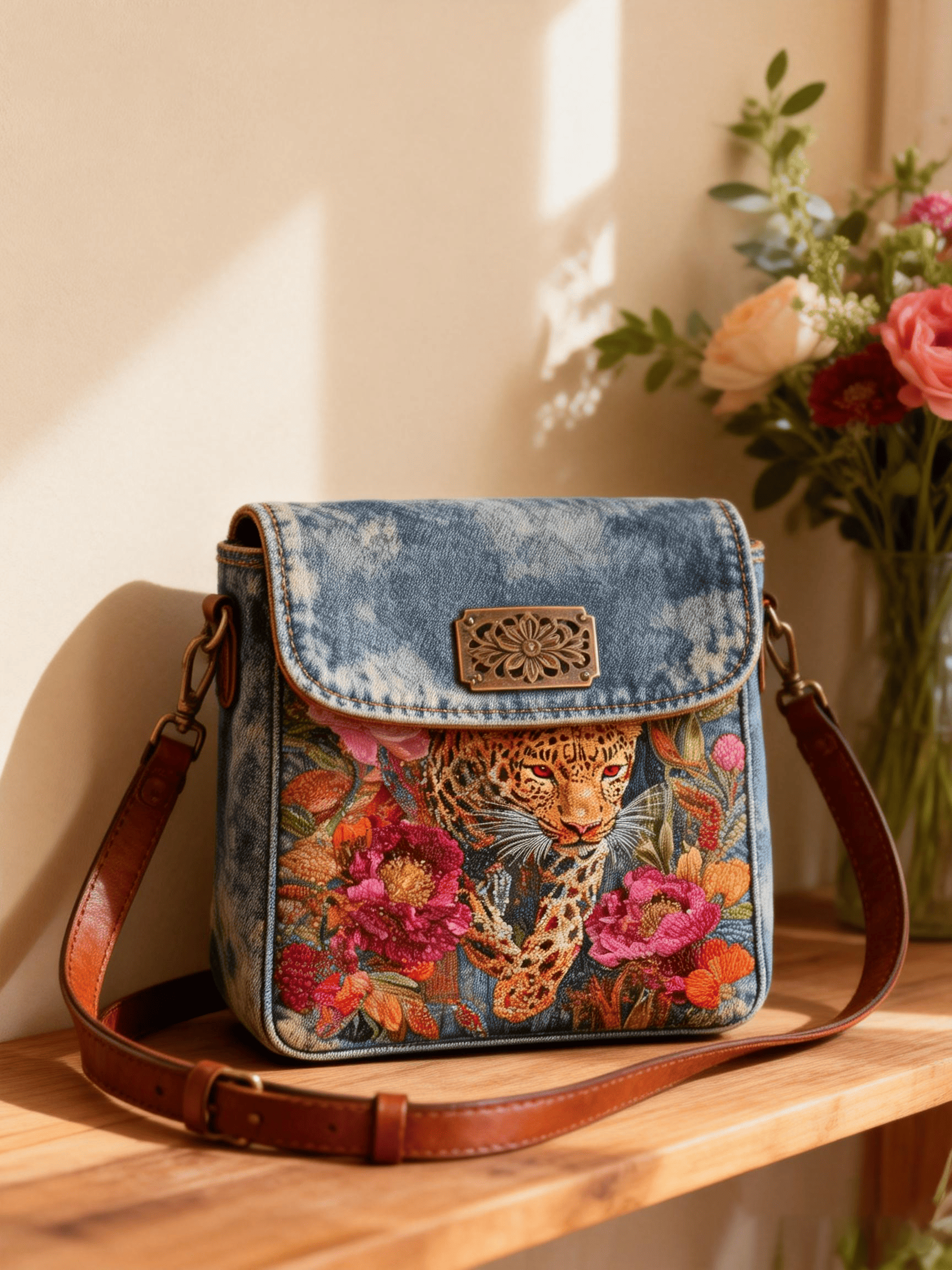 Denim Leopard & Floral Embroidered Crossbody Bag