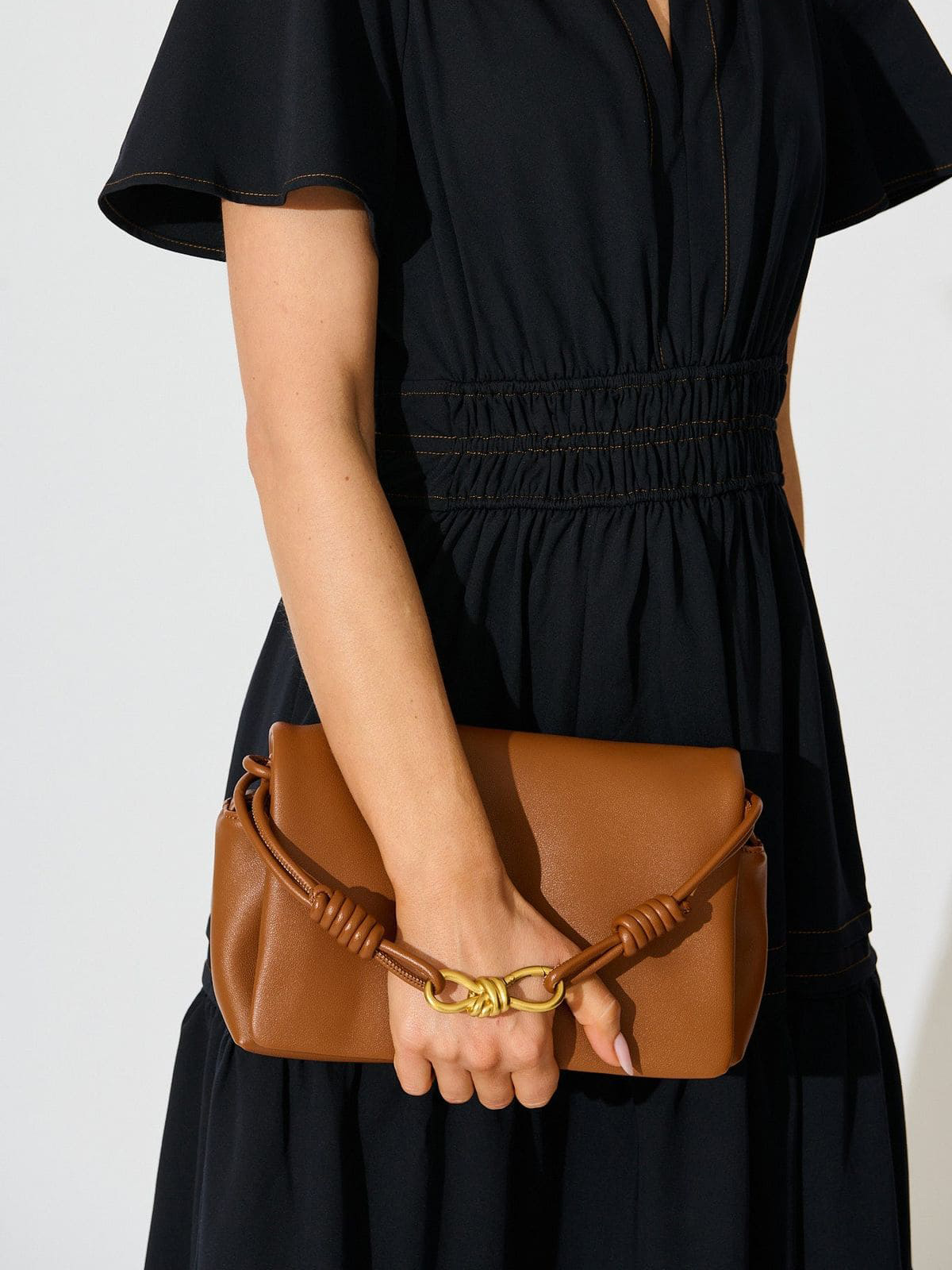 Brown Faux Leather Shoulder Bag with Knot Strap & Gold Buckle