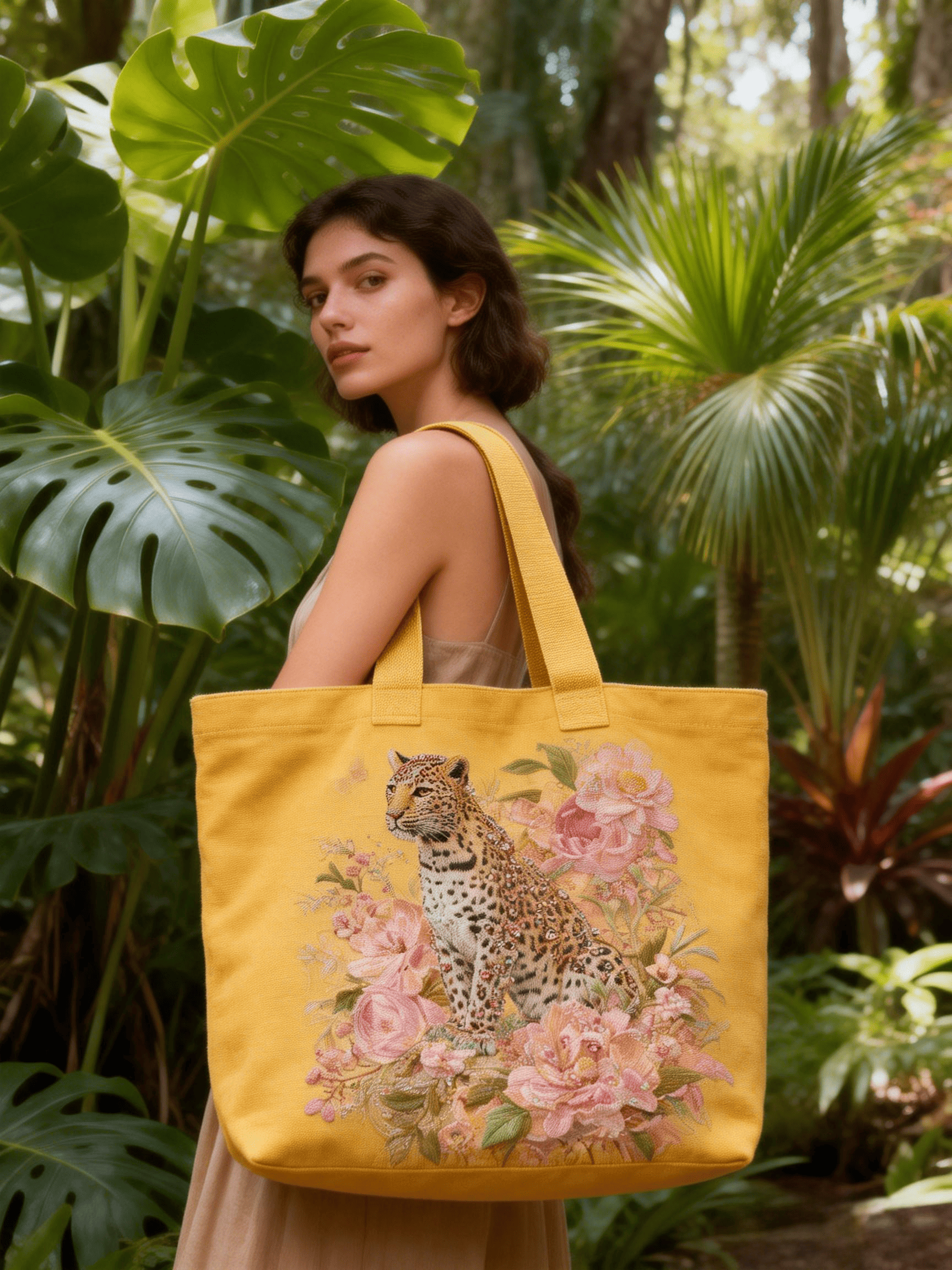 Bright Yellow Canvas Leopard & Floral Embroidery Tote Bag