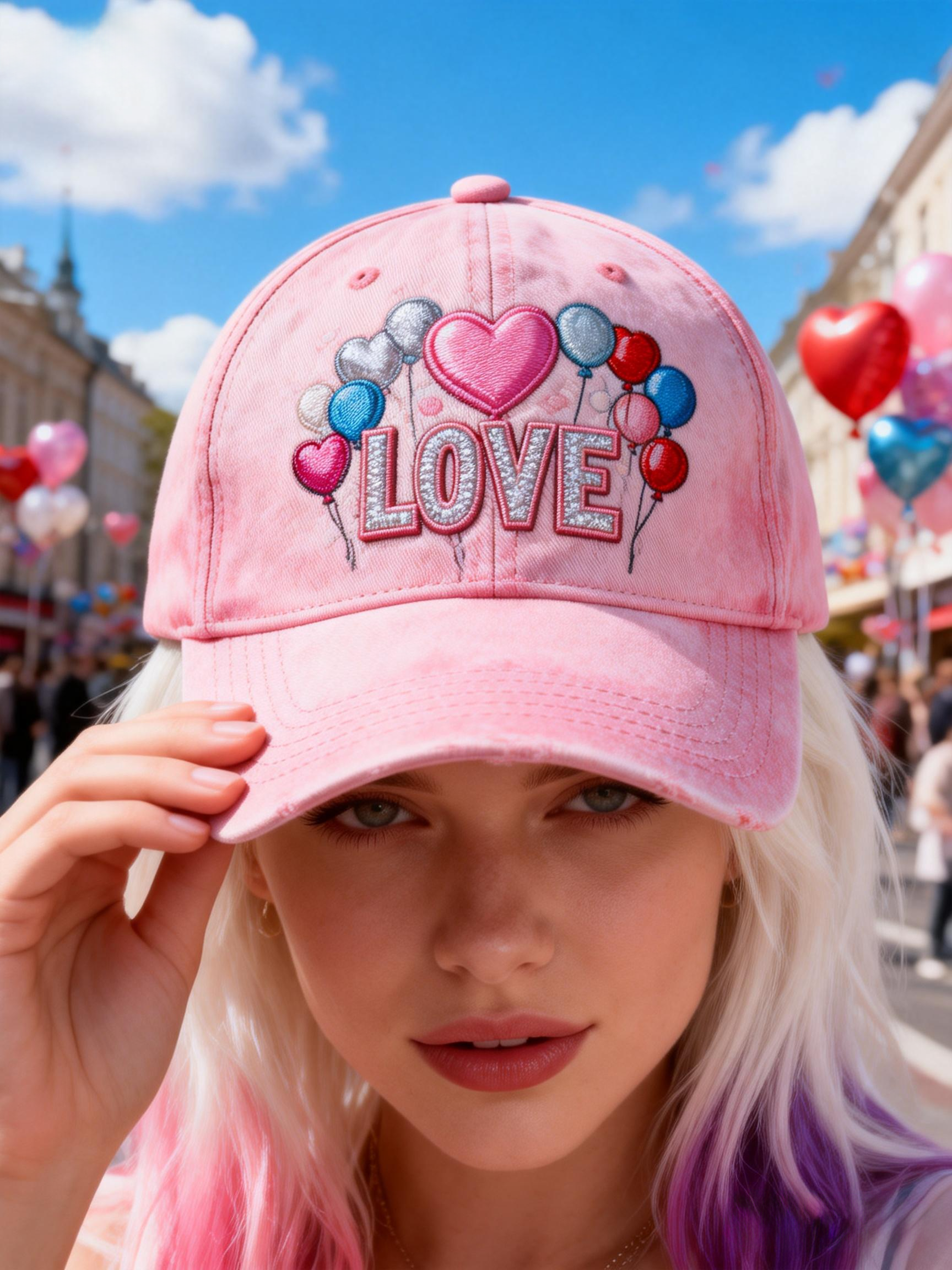 Heart Balloon Rhinestone LOVE Pink Tie-Dye Cap