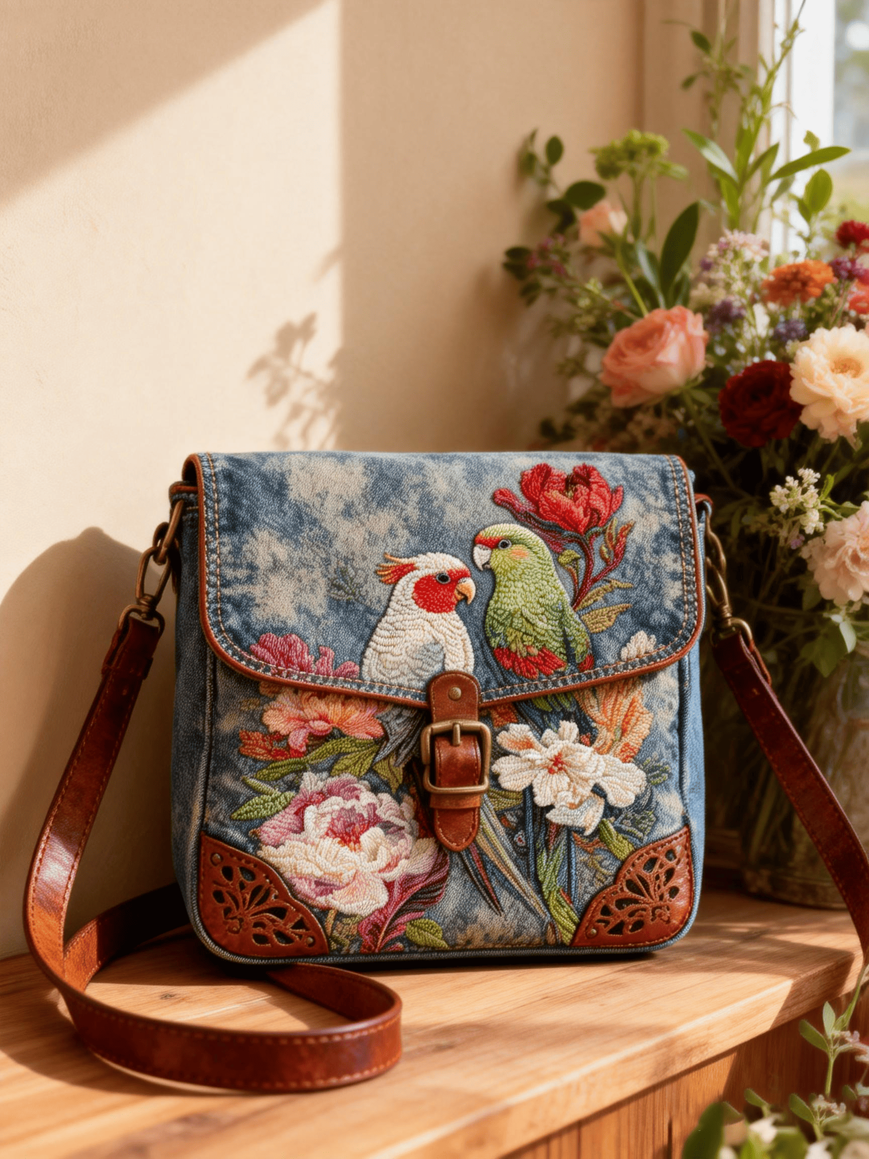 Denim Twin Parrots & Floral Embroidered Crossbody Bag