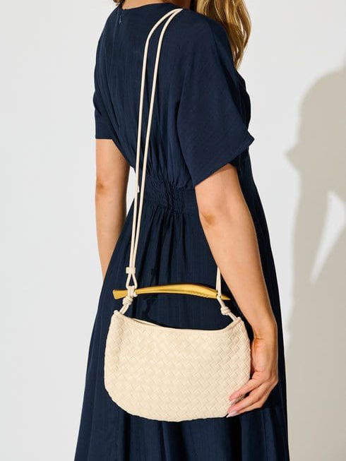 Cream Woven Crossbody Bag with Wooden Accent Strap