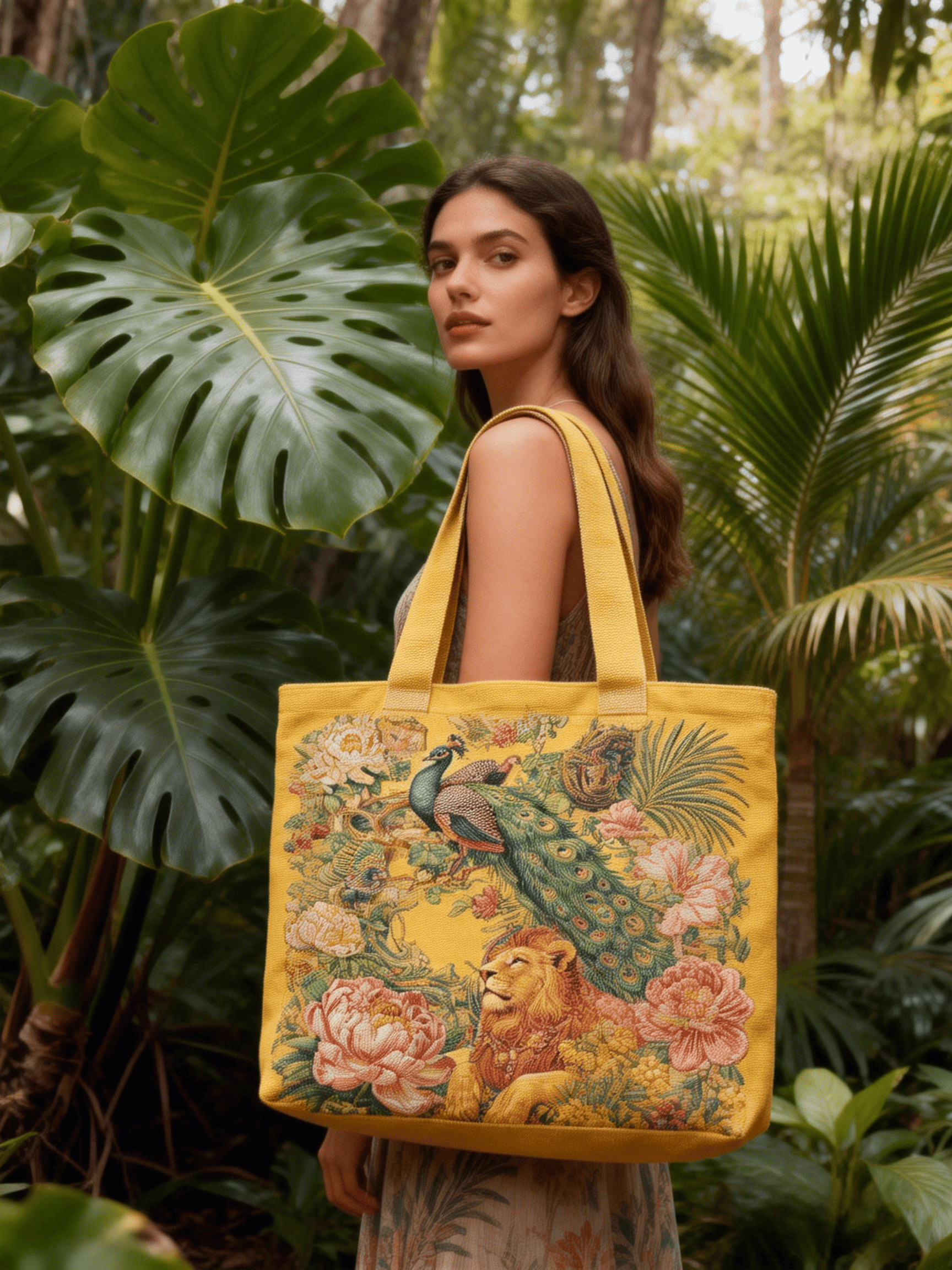 Bright Yellow Canvas Peacock Lion Floral Print Tote Bag