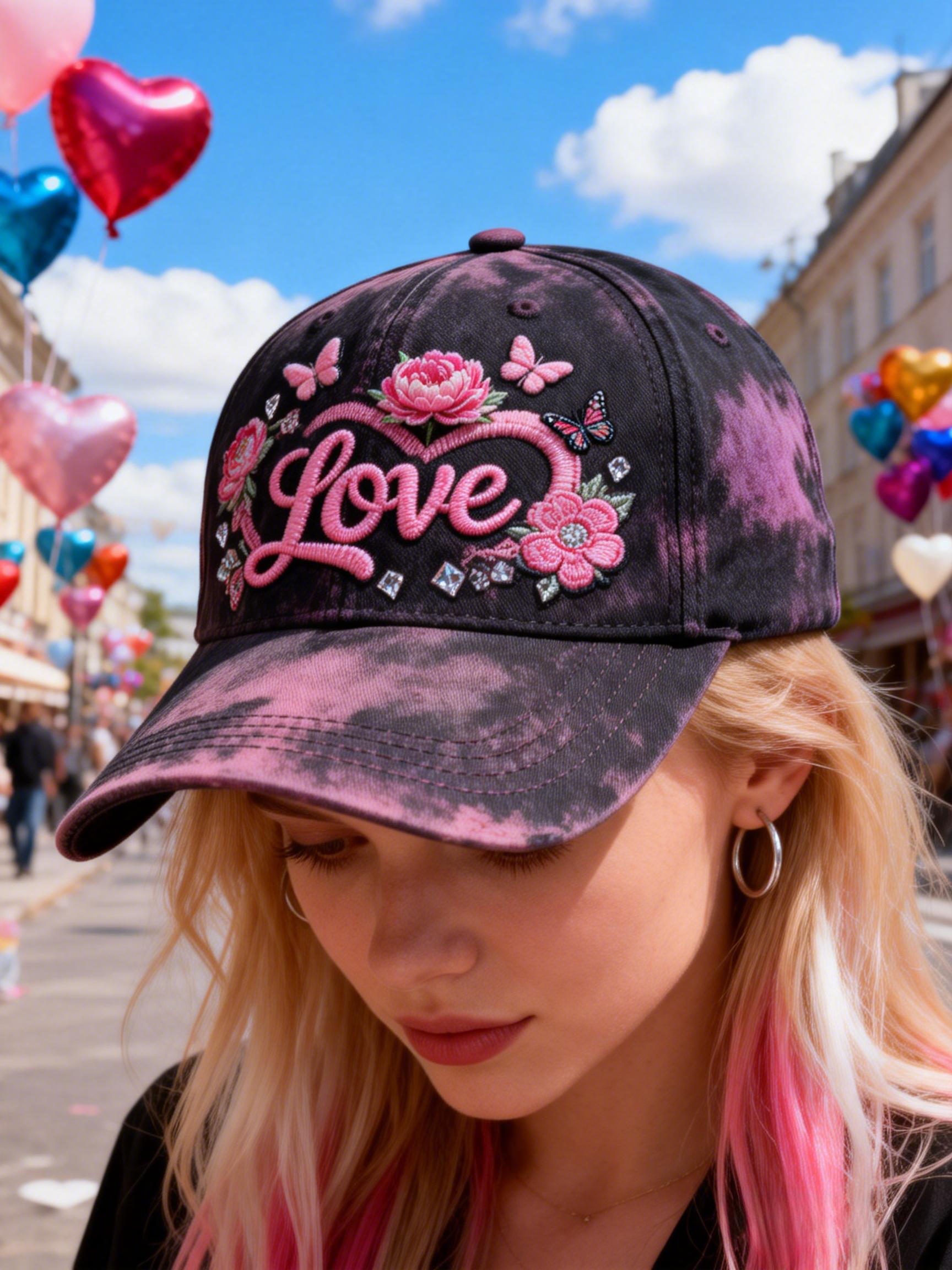 Pink Flower Butterfly Rhinestone LOVE Tie-Dye Cap