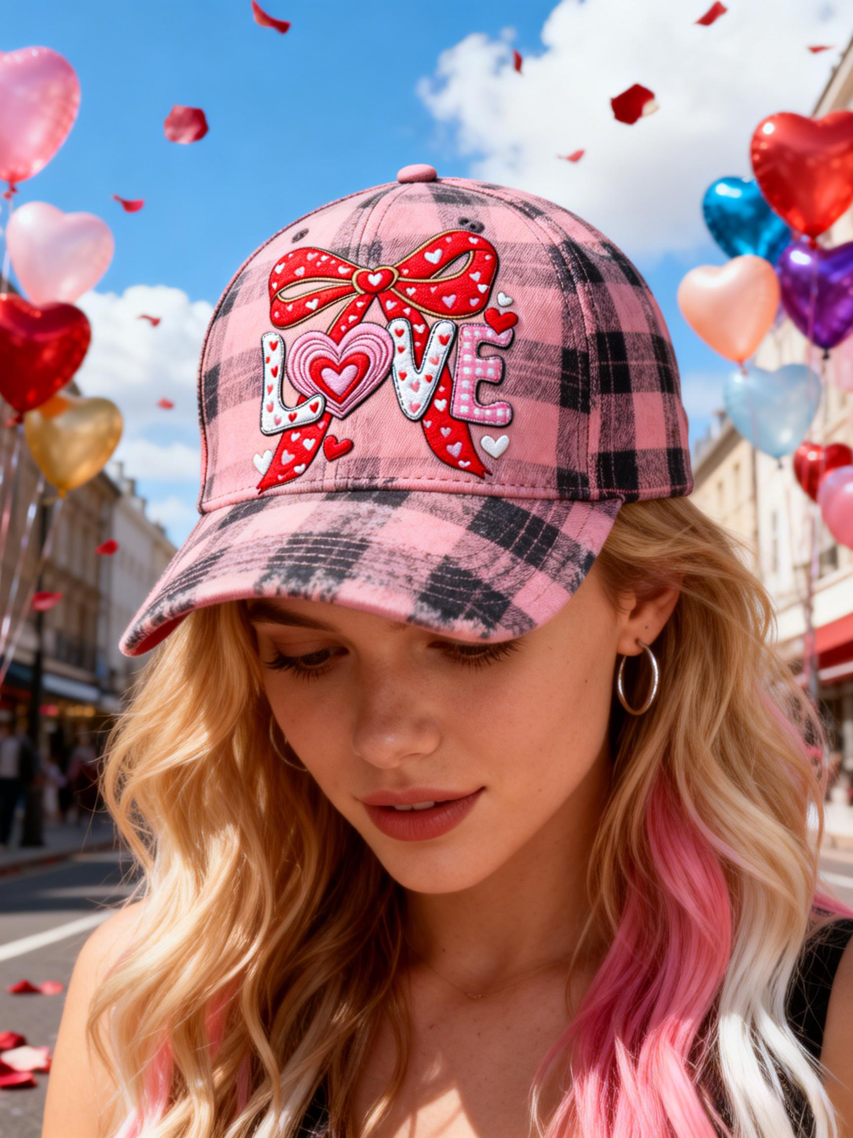 Pink-Black Plaid Bow Heart LOVE Baseball Cap
