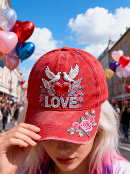 Red Tie-Dye Dove Rhinestone Heart LOVE Baseball Cap