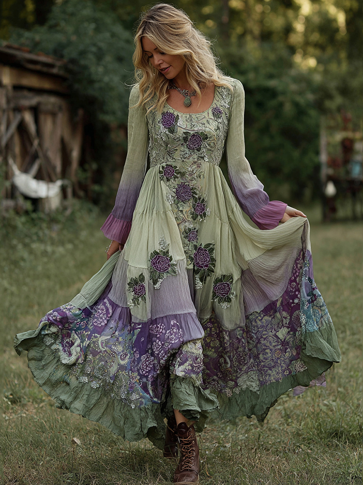 Vintage Classy Gradient Purple Lavender And Floral Embroidered Maxi Dress