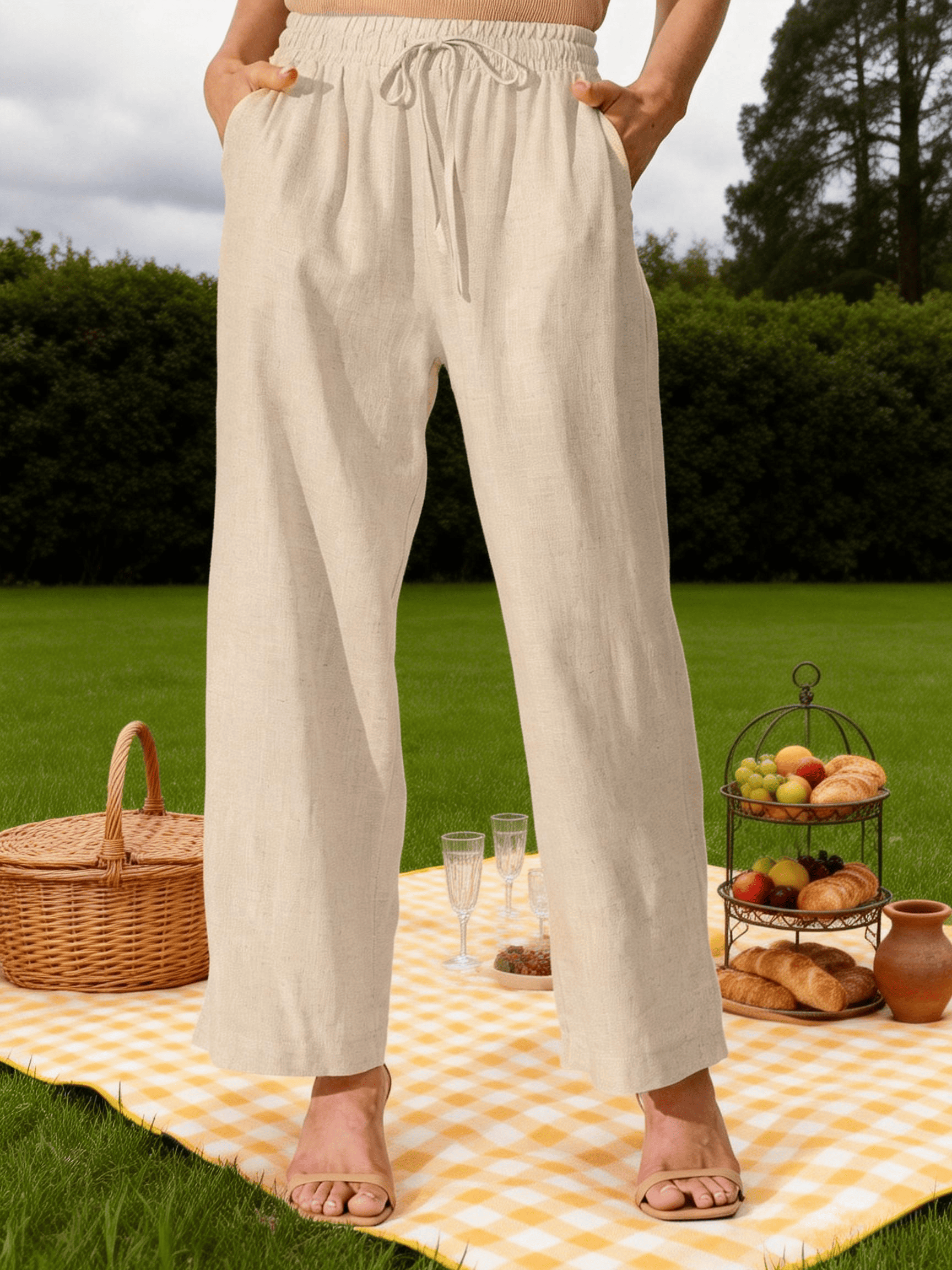 Women's Beige Linen Blend Drawstring Elastic Waist Wide Leg Pants