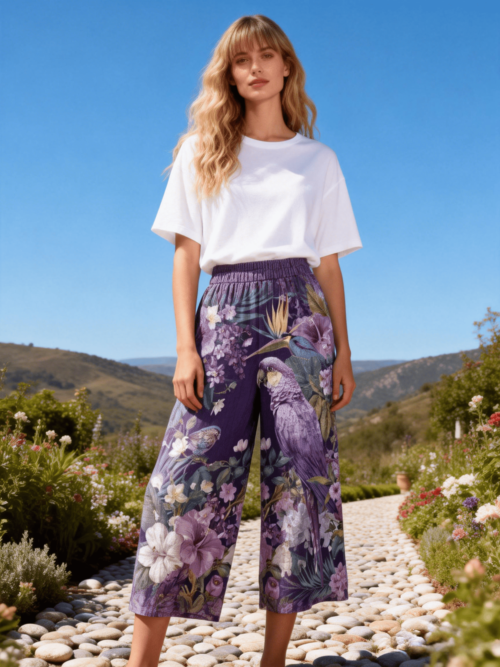 Deep Purple Parrot Floral Print Wide-Leg Cropped Pants