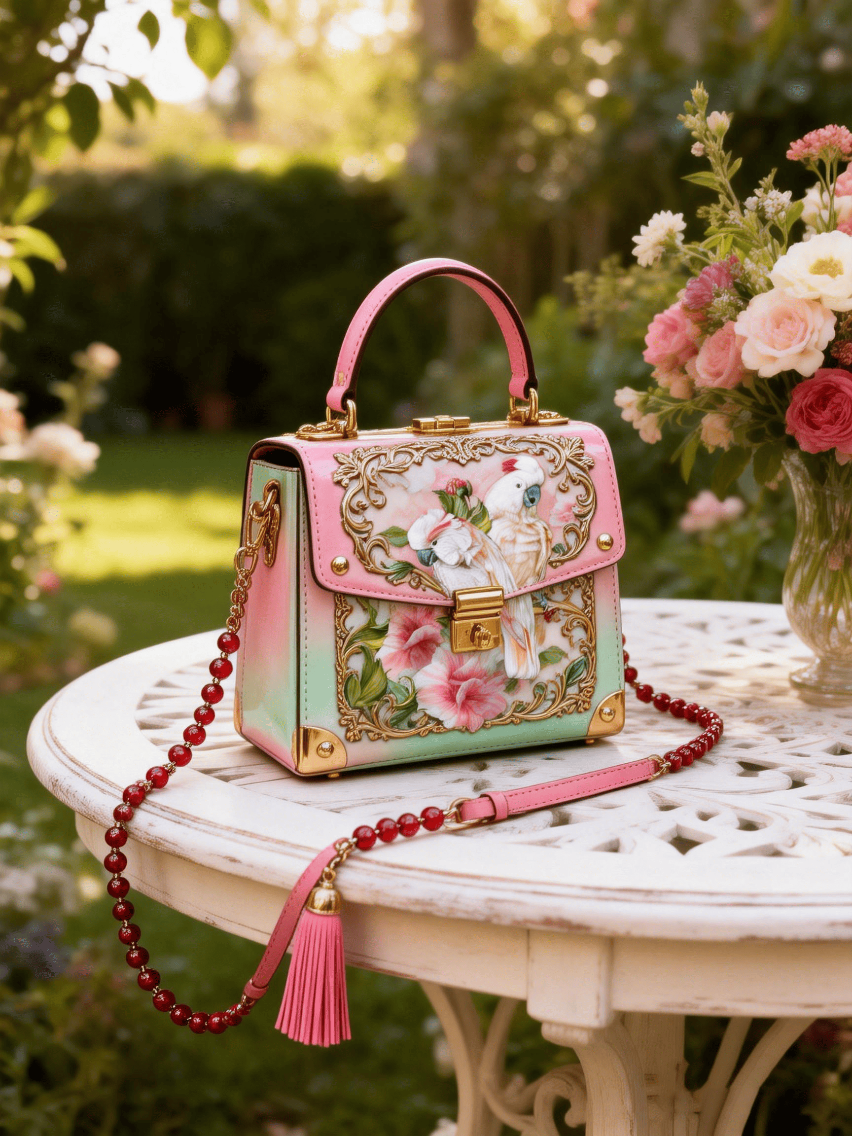 Pink-Green Gradient Cockatoo & Floral Decor Handbag Crossbody
