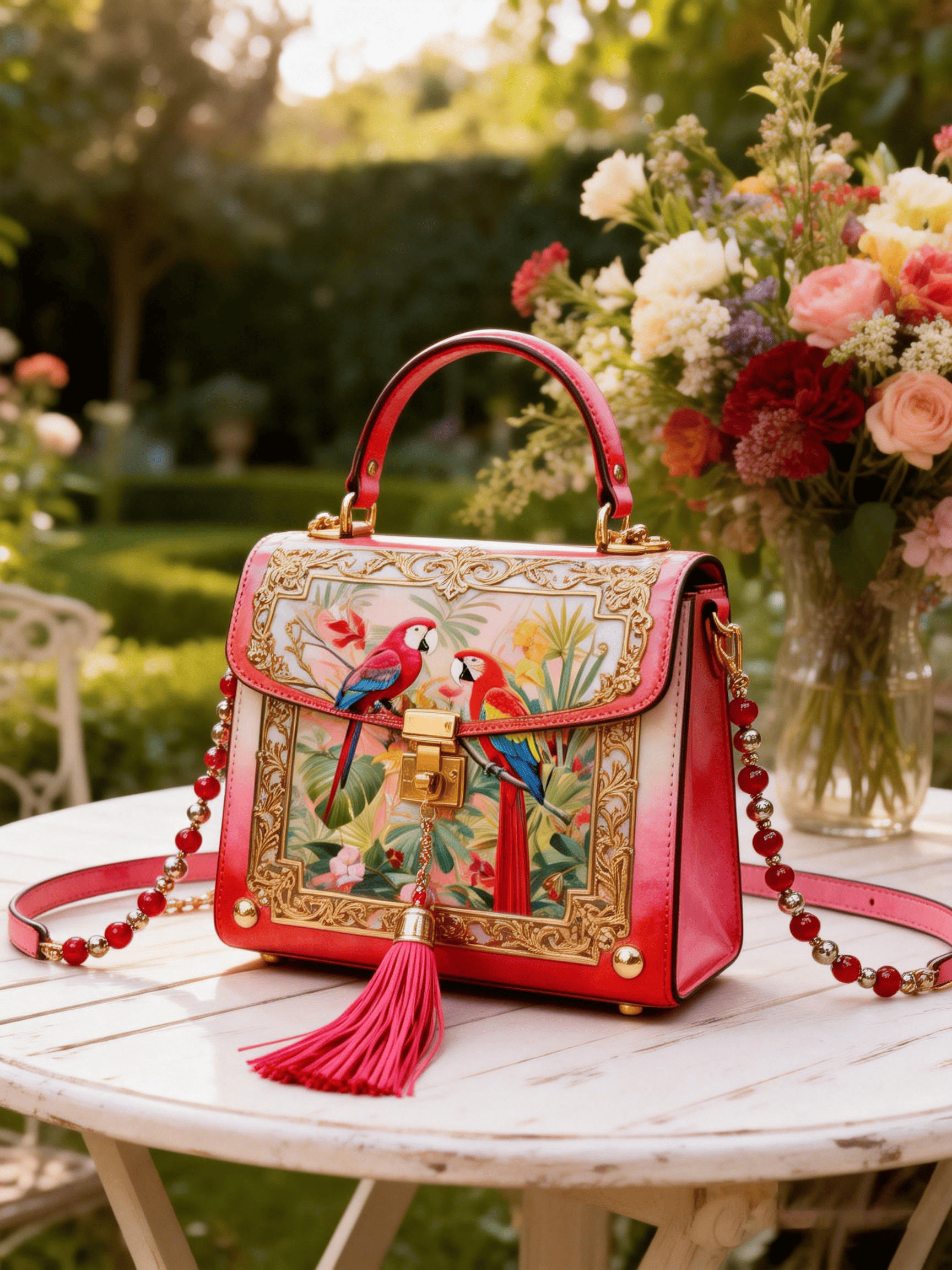 Red Gradient Macaw & Floral Decor Handbag Crossbody