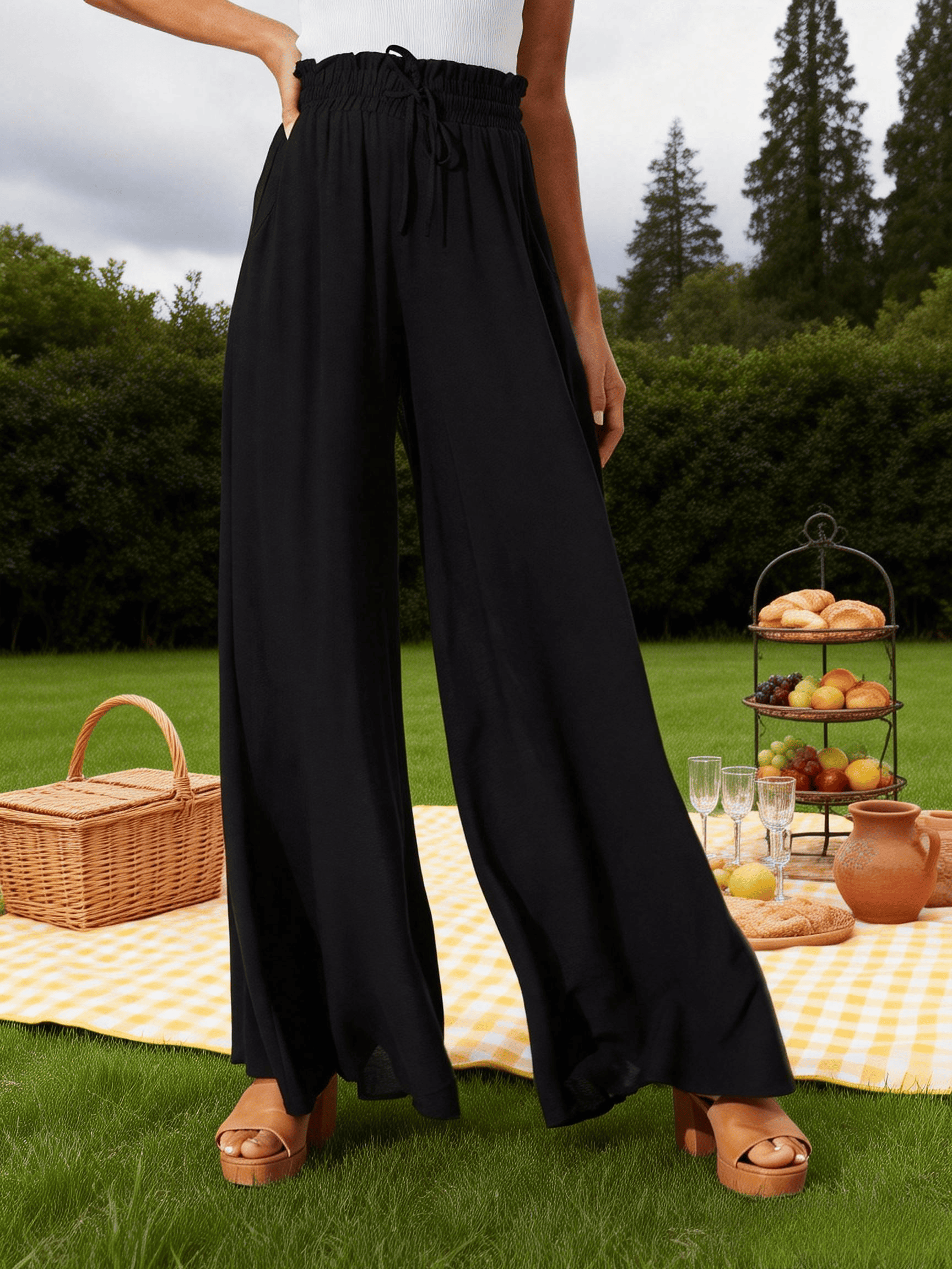 Women's Black Elastic Waist Drawstring Ultra Wide Leg Pants