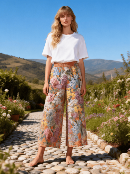 Multi-Color Floral Print Wide-Leg Cropped Pants