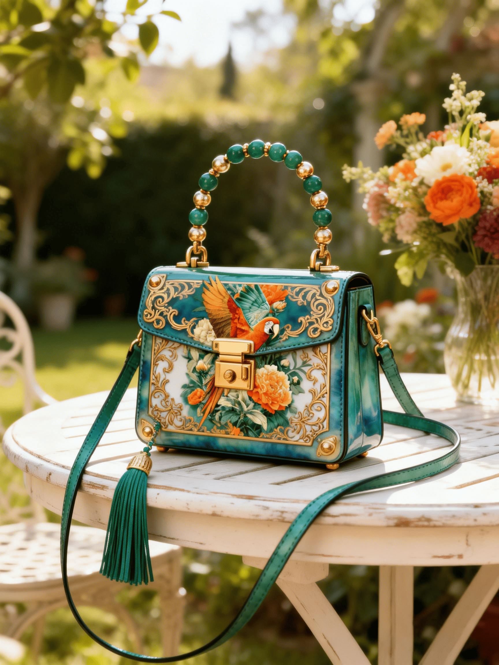 Teal Gradient Macaw & Floral Beaded Handle Handbag Crossbody