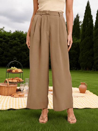 Women's Khaki High Waist Pleated Wide Leg Suit Pants