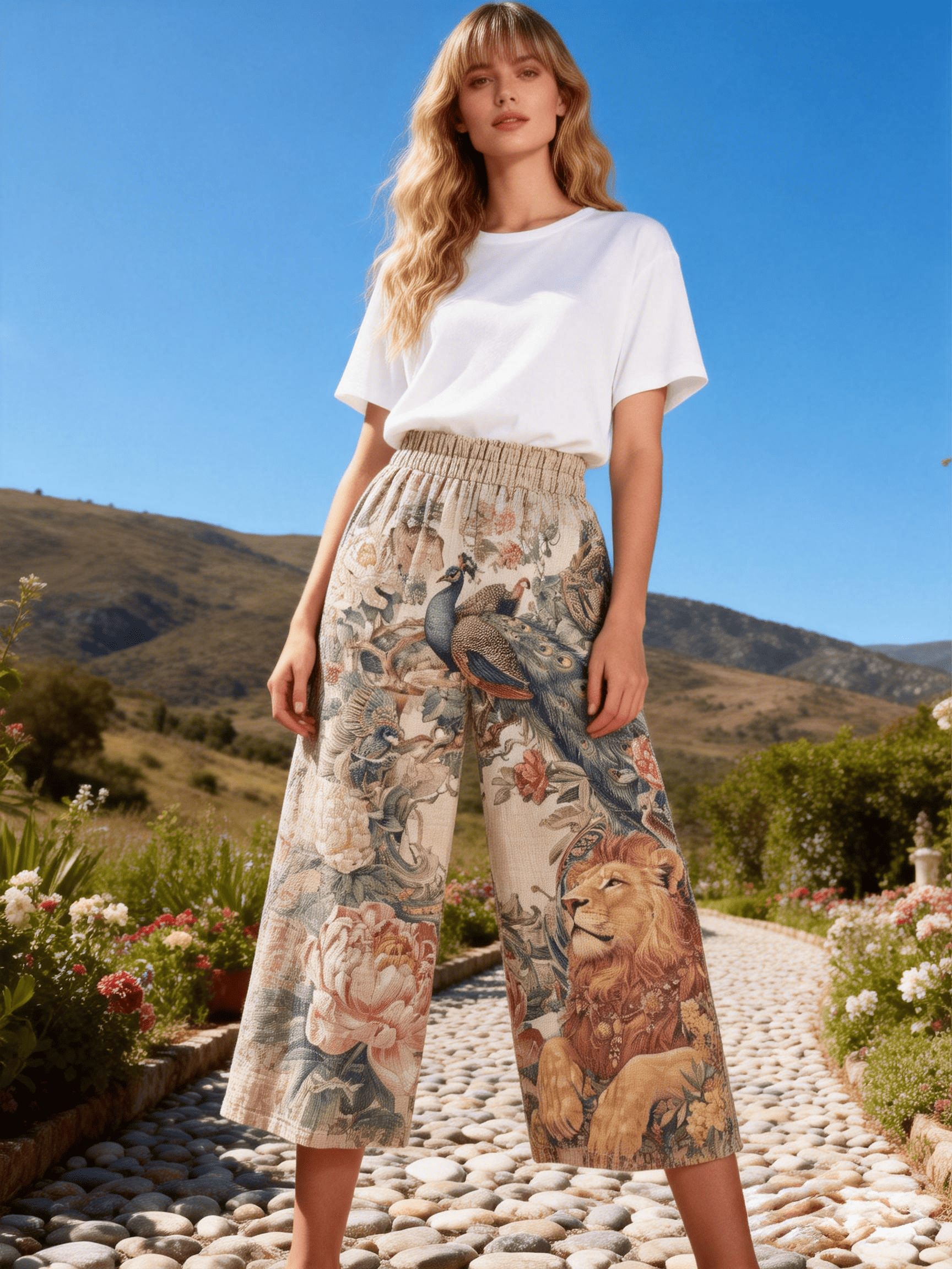 Light Beige Peacock Lion Floral Print Wide-Leg Cropped Pants