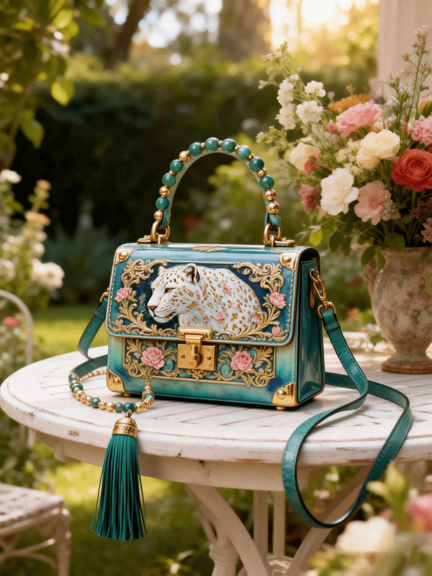 Teal Gradient Snow Leopard & Floral Beaded Handle Handbag Crossbody