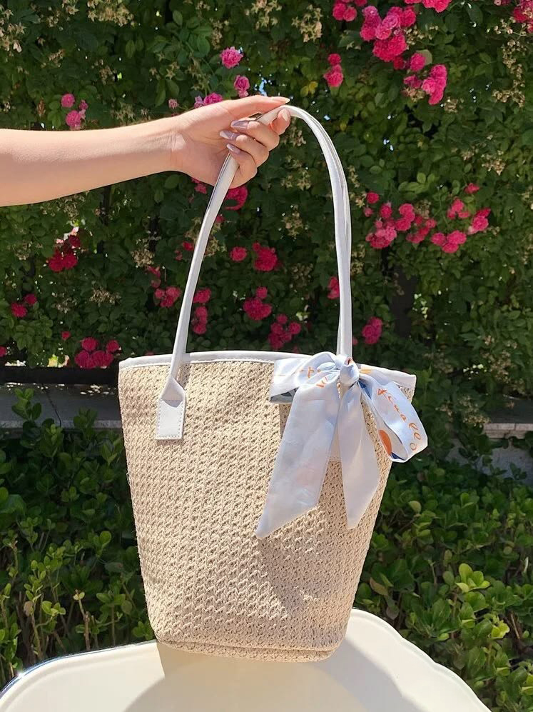 Twilly Scarf Decor Straw Bag