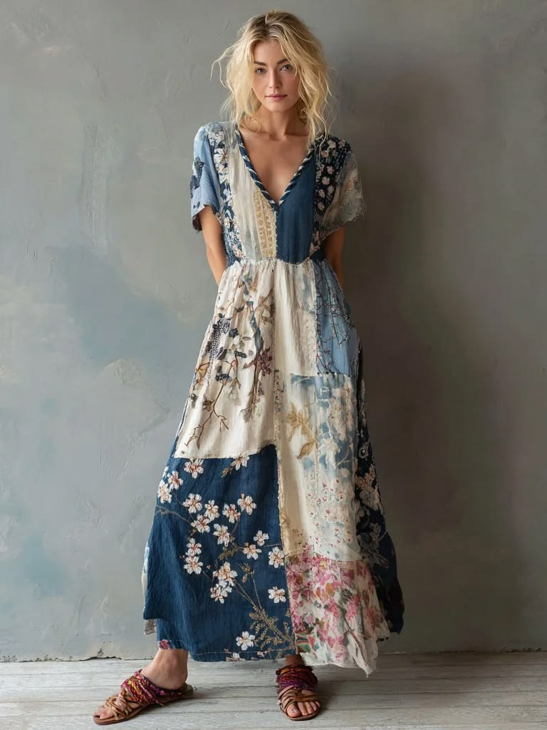 Women's Bohemian Patchwork Floral Linen V-Neck Maxi Dress