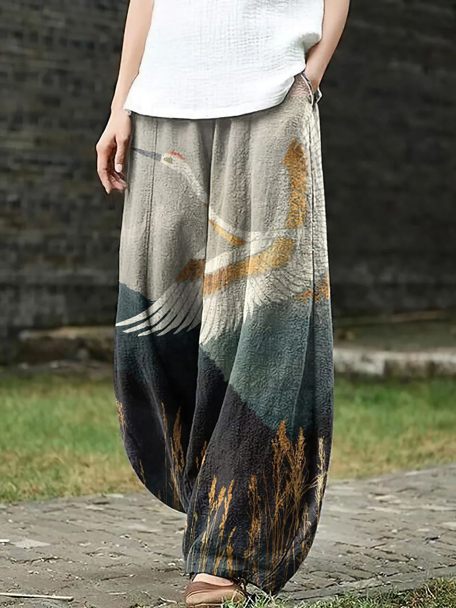 Women's Gradient Crane Print Linen Harem Pants