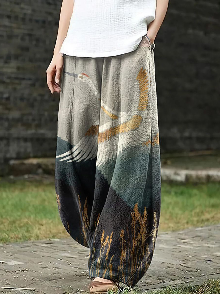 Women's Gradient Crane Print Linen Harem Pants