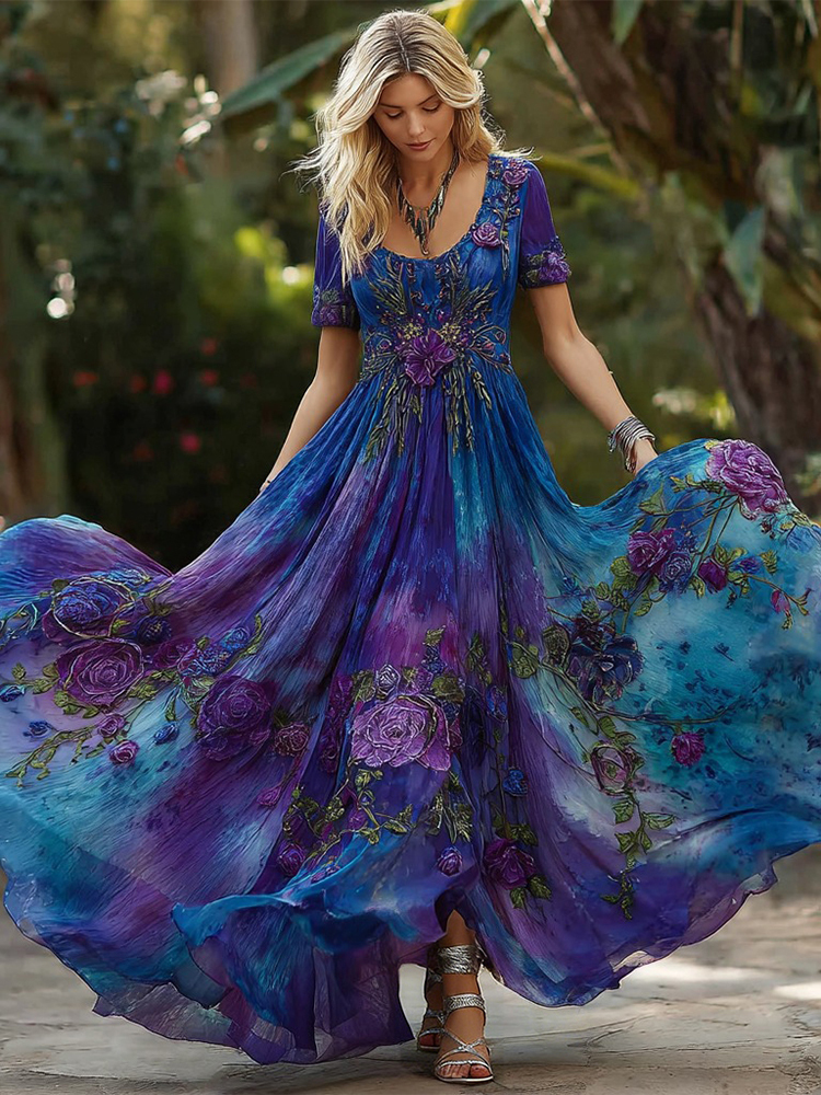 Women's Retro Purple Rose Gradient Pattern Short-sleeved Dress