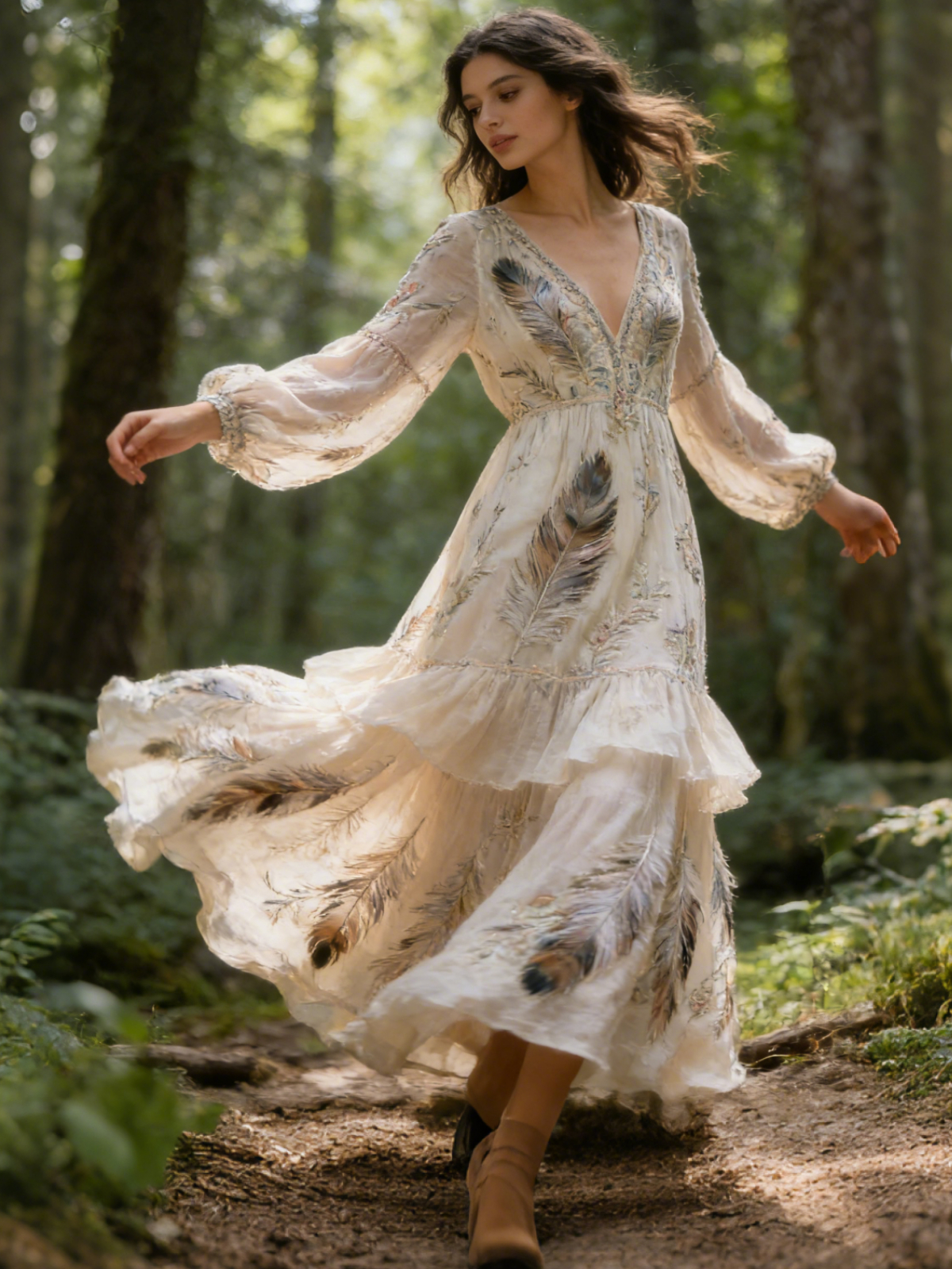 Vintage Boho Print V Neck Long Sleeve Flowy Maxi Dress