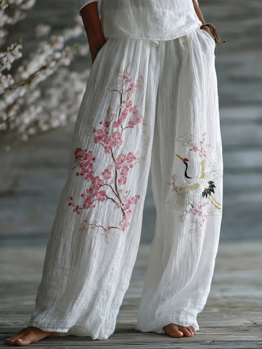 Women's White Linen Cherry Blossom & Crane Embroidered Wide-Leg Pants