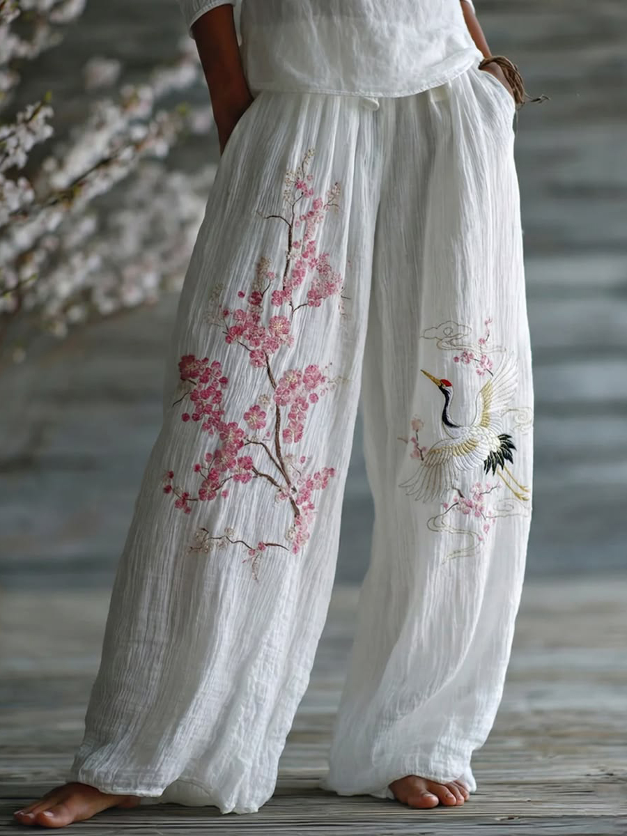Women's White Linen Cherry Blossom & Crane Embroidered Wide-Leg Pants
