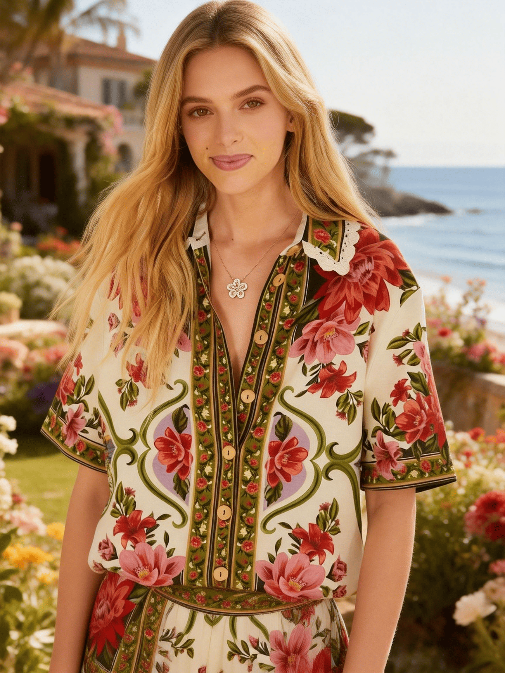 White Contrast Trim Floral Print V-Neck Blouse