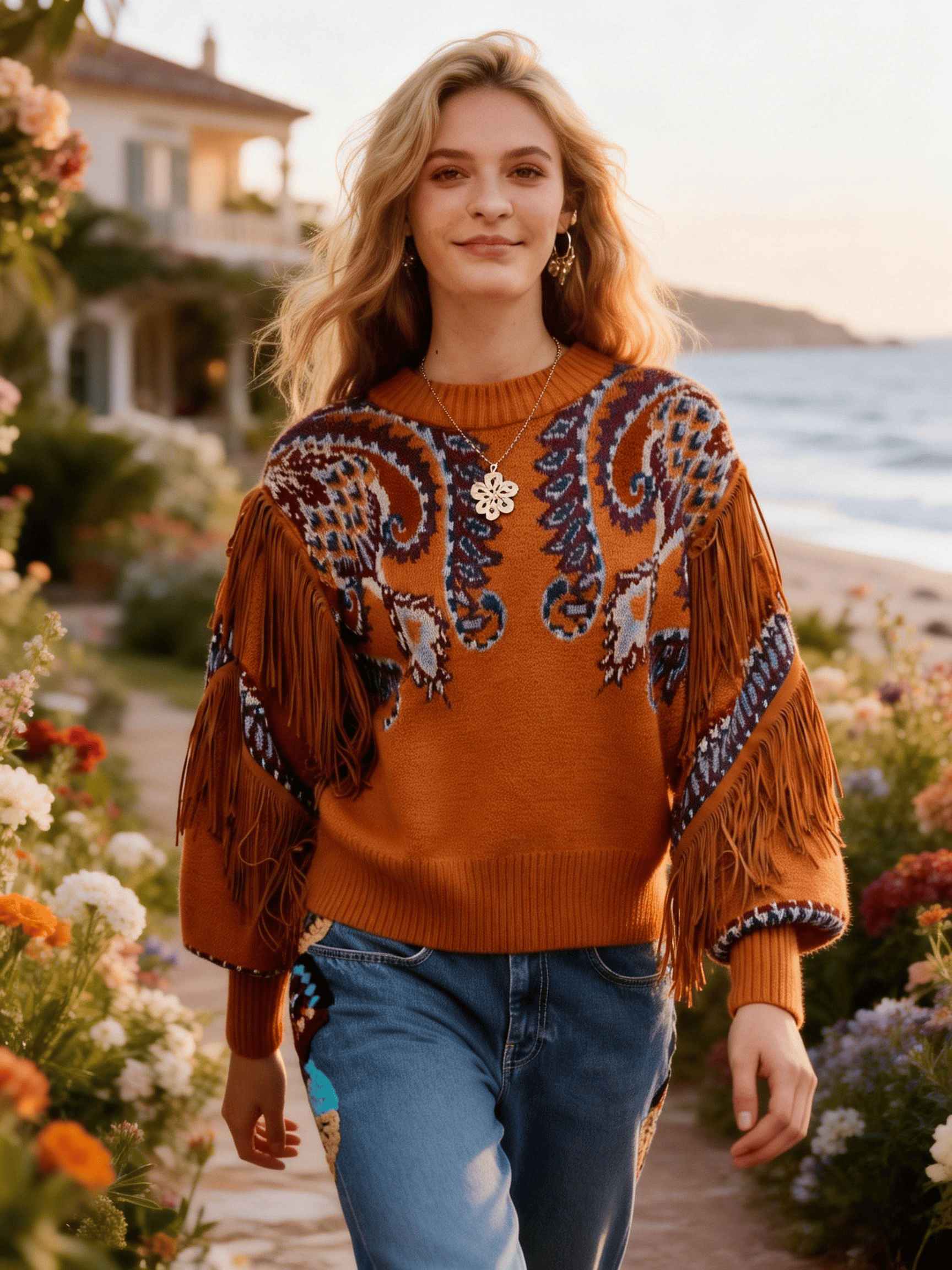 Caramel Paisley Print Fringe Knit Sweater