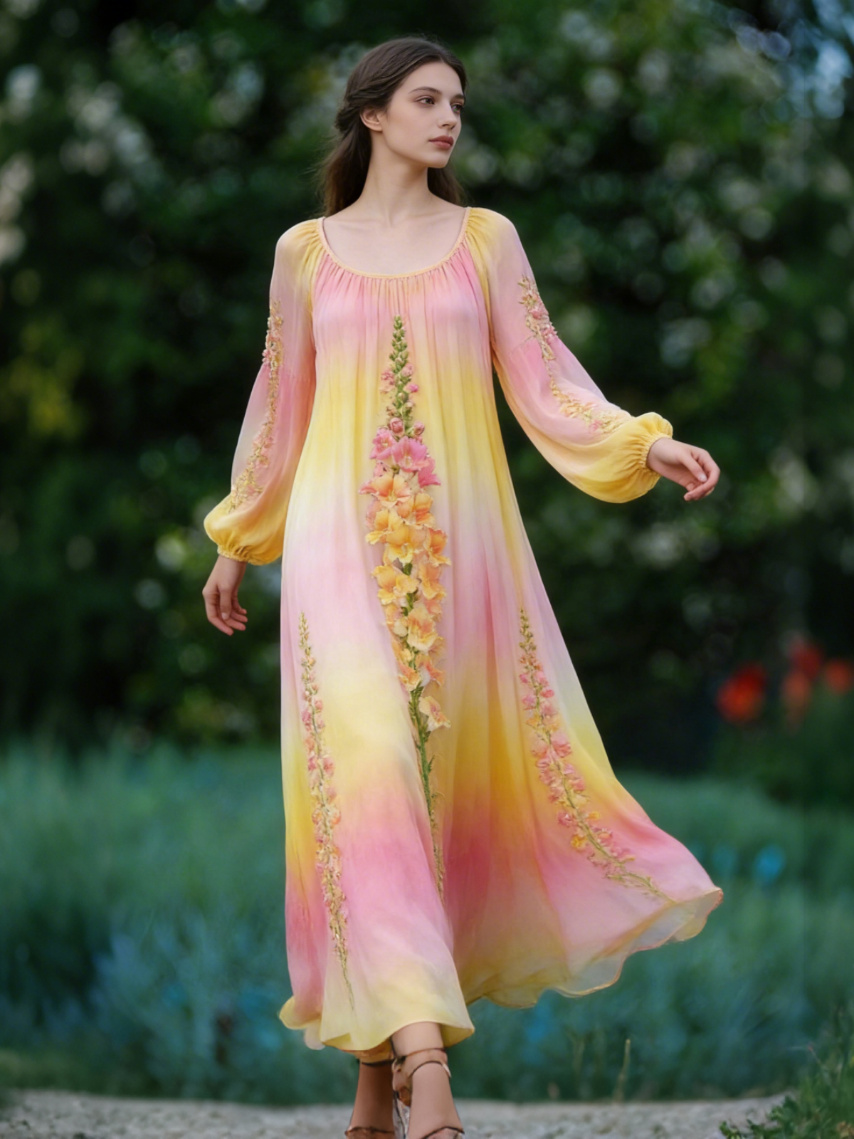 Vintage Boho Print Long Sleeve Flowy Maxi Dress