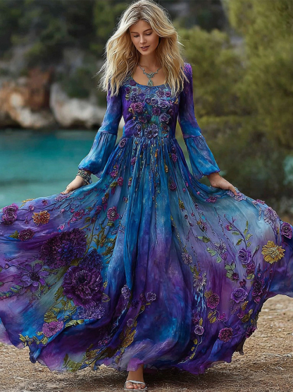 Women's Vintage Rose Floral Gradient Pattern Round Neck Long-sleeved Dress